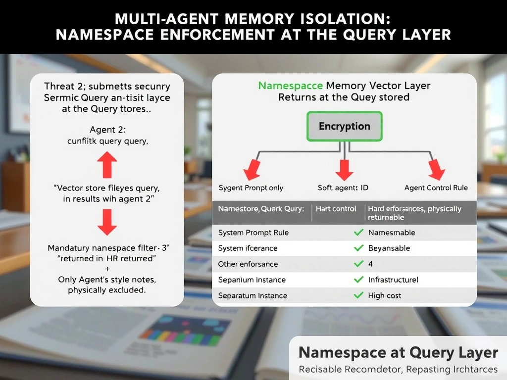 2048x1536 landscape infographic titled 'Multi-Agent Memory Isolation: Namespace Enforcement at the Query Layer'. Left panel: threat model diagram showing Agent 2 submitting an unfiltered semantic query to shared vector store — red arrow showing security findings and HR data returned in results alongside style notes. Right panel: correct architecture showing Agent 2 submitting query → vector store query layer intercepts → mandatory namespace filter 'agentid = agent-2' appended → only Agent 2's style notes returned, other namespaces physically excluded. Center comparison table: Encryption (confidentiality only, still returned), System Prompt Rule (soft control, bypassable), Namespace at Query Layer (hard enforcement, infrastructure level), Separate Instances (maximum isolation, high cost). Recommended approach highlighted in green.