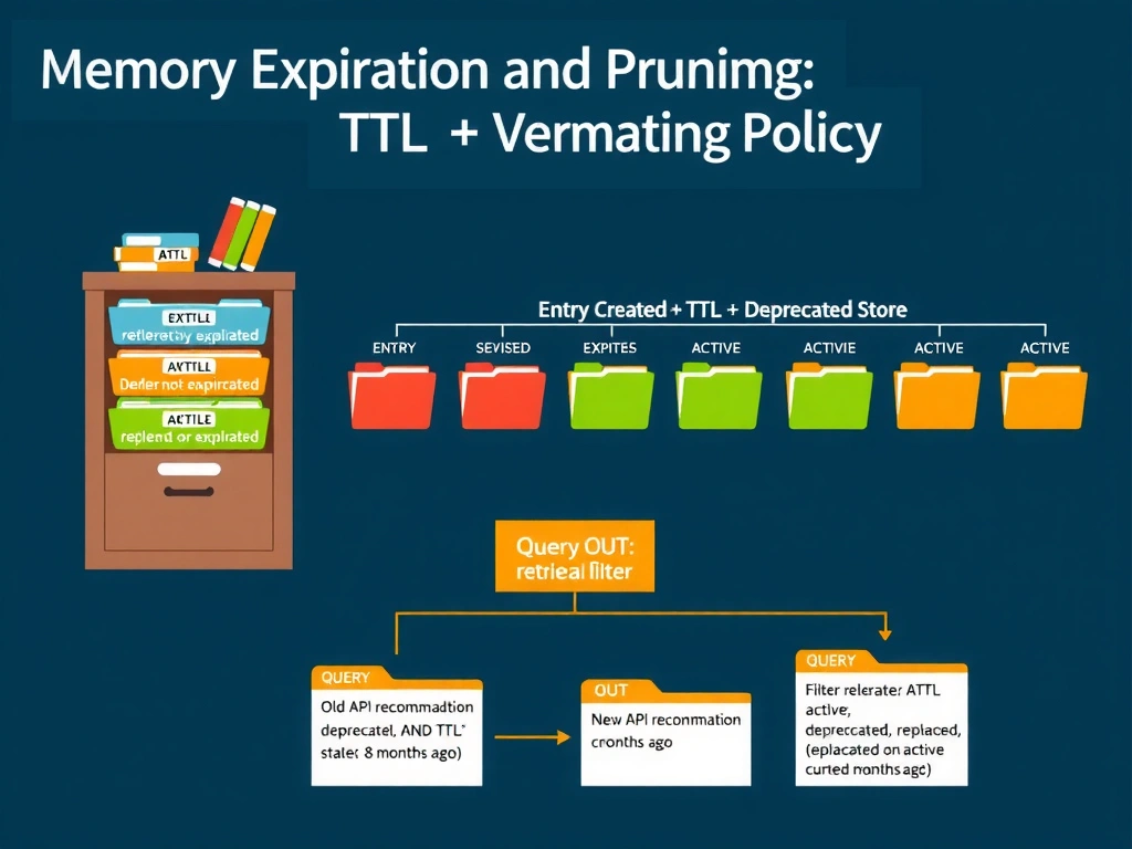 2048x1536 landscape infographic titled 'Memory Pruning Policy: Composite Retention Scoring'. Center: scoring formula visualization — Retention Score = Recency (0-1) × Retrieval Frequency (0-1) × Semantic Uniqueness (0-1). Three sample entries: Entry A (created 6mo ago, retrieved 47 times, unique topic) → high score → KEEP. Entry B (created 15mo ago, retrieved 2 times, 4 similar entries exist) → low score → PRUNE. Entry C (created 18mo ago, retrieved 0 times, tagged 'architectural-decision') → ALWAYS KEEP (protected tag overrides score). Right panel: Protected categories list — architectural-decision, incident-postmortem, standing-policy, compliance-record. Left panel: Why composite beats age-only — 'Old + Frequently Used = KEEP. Old + Never Used + Duplicated = PRUNE. Recent + Never Retrieved + Redundant = PRUNE.' Bottom: cost impact graph showing query time vs store size with pruning inflection point highlighted.