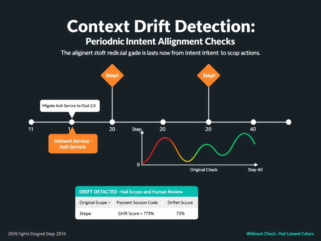2048x1536 landscape infographic titled 'Context Drift Detection: Periodic Intent Alignment Checks' showing a timeline of an agent's execution with step markers. At step 1, an original task box shows 'Migrate Auth Service to OAuth 2.0.' At steps 20 and 40, orange 'Intent Check' diamonds appear. At step 40, a divergence graph shows the agent's actual actions (red line) drifting away from the original task scope (green line). The check at step 40 triggers a 'DRIFT DETECTED — Halt for Human Review' alert. A comparison table shows: Original Scope = Auth Service, Current Activity = Payment Session Code, Drift Score = 72%. Dark background, green for aligned actions, red for drifted actions, orange for alignment check points.
