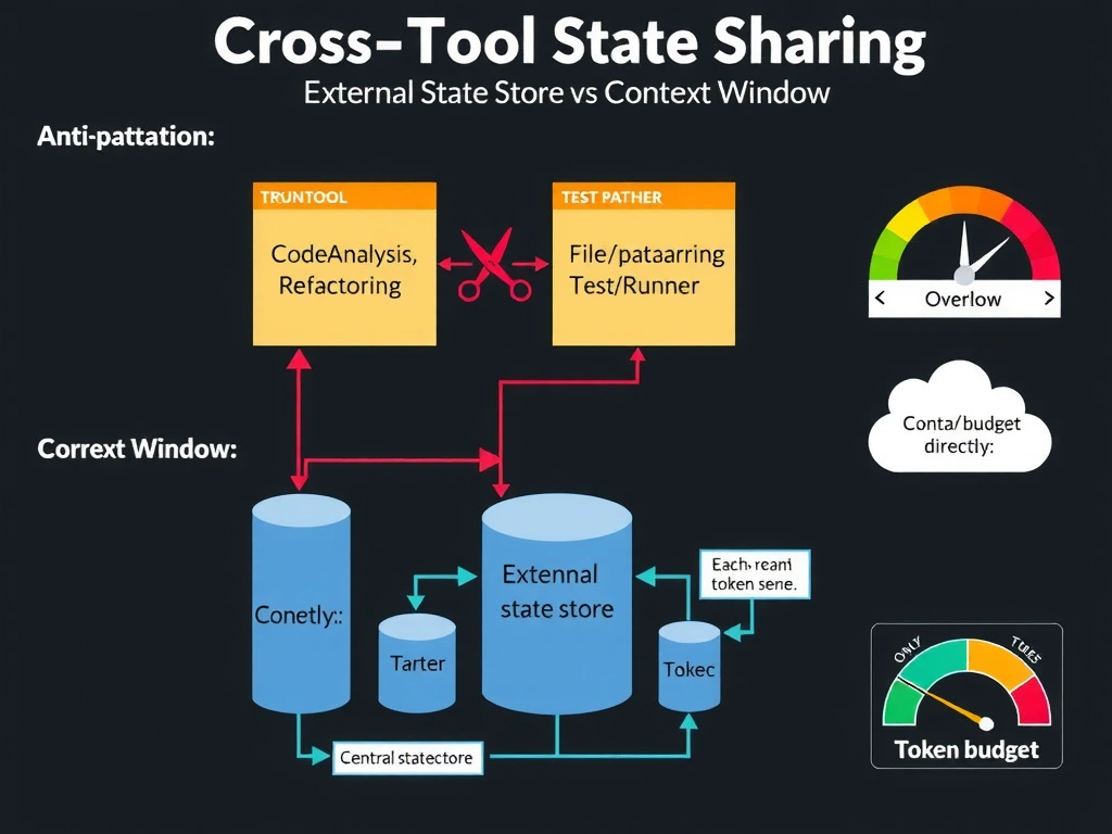 2048x1536 landscape infographic titled 'Cross-Tool State Sharing: External State Store vs Context Window' showing two architecture diagrams. Top diagram (anti-pattern): three tool boxes (CodeAnalysis, Refactoring, TestRunner) connected through a conversation context bar that shows truncation with a red scissors icon cutting off state between Refactoring and TestRunner. Bottom diagram (correct): same three tools connected to a central external state store (file/database cylinder), each tool reading/writing directly. The conversation context bar in the correct diagram shows only small references. A token budget meter on the right shows overflow in anti-pattern and healthy usage in correct pattern. Dark background, red for truncation, green for store connections, white labels.