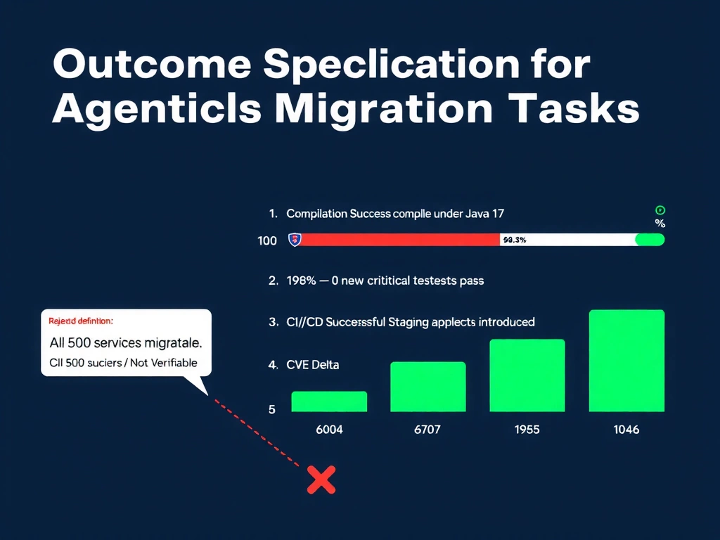 2048x1536 landscape infographic titled 'Outcome Specification for Agentic Migration Tasks' showing four evaluation dimensions as horizontal bars in a dashboard. Dimension 1: 'Compilation Success — 500/500 services compile under Java 17' with a progress bar at 100%. Dimension 2: 'Test Pass Rate — ≥98% of existing tests pass' with a bar at 99.2%. Dimension 3: 'CVE Delta — 0 new critical CVEs introduced' with a security shield icon. Dimension 4: 'CI/CD Staging Success — 500/500 successful staging deployments' with a pipeline icon. On the left, a rejected definition box shows 'All 500 services migrated' with a red X labeled 'Circular / Not Verifiable.' Dark navy background, green bars for passing metrics, white text, rejected definition in red.