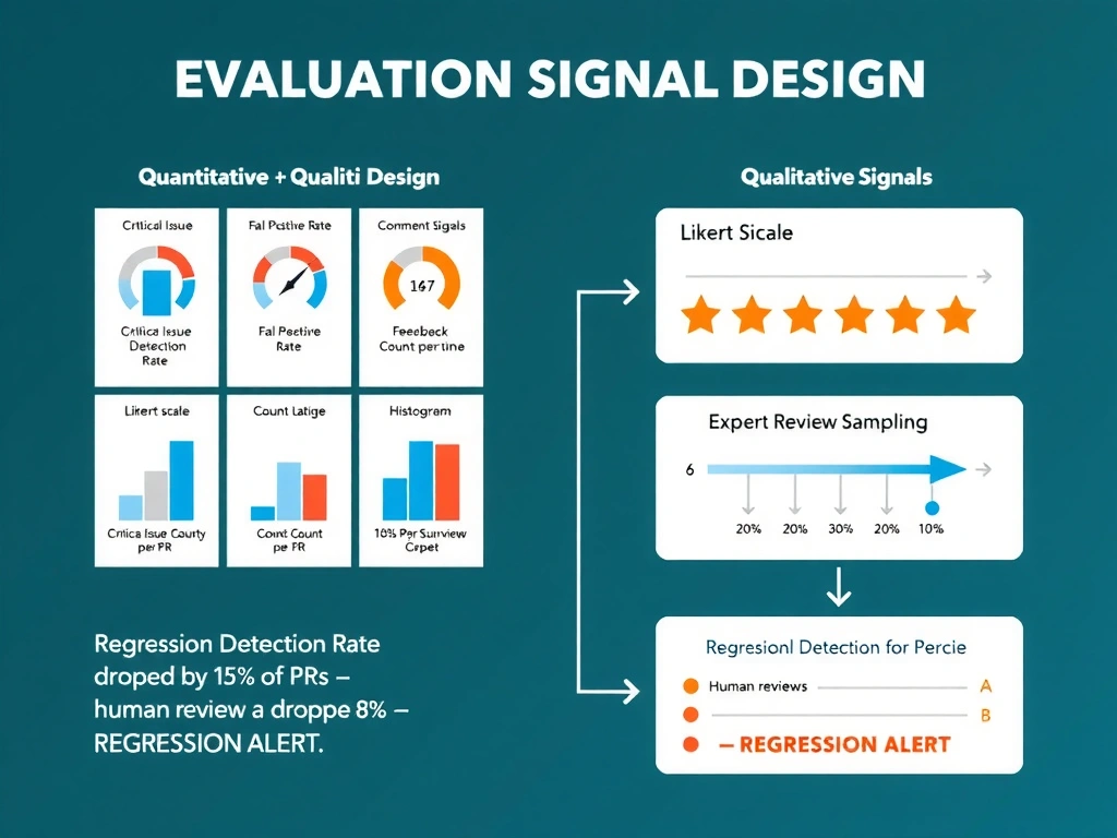 2048x1536 landscape infographic titled 'Evaluation Signal Design: Quantitative + Qualitative Portfolio' showing a two-column evaluation dashboard. Left column labeled 'Quantitative Signals': four metric tiles showing Critical Issue Detection Rate (bar chart), False Positive Rate (gauge), Feedback Latency (line chart over time), and Comment Count per PR (histogram). Right column labeled 'Qualitative Signals': a Likert scale survey form with 5-star ratings, and an Expert Review Sampling flow (5% of PRs → human reviewer → score logged). At the bottom, a regression detection alert shows: 'Critical Issue Detection Rate dropped 8% — REGRESSION ALERT.' Dark teal background, white text, blue for quantitative metrics, orange for qualitative signals.