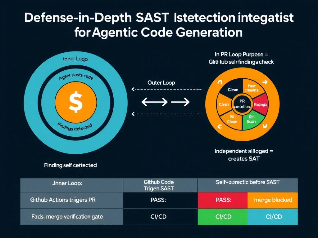 2048x1536 landscape infographic titled 'Defense-in-Depth SAST Integration for Agentic Code Generation' showing two nested loops. Inner loop: Agent generates code → runs SAST scan → findings detected → agent self-corrects → re-scans → clean → creates PR. Outer loop: PR created → GitHub Actions triggers SAST → independent findings check → PASS: merge allowed / FAIL: merge blocked. The two loops are shown as concentric circles with the inner loop inside the agent boundary and the outer loop at the CI/CD boundary. A table at the bottom compares: Inner Loop Purpose = 'Self-correction before PR,' Outer Loop Purpose = 'Independent verification gate.' Dark background, blue for inner loop, orange for outer loop, green for success paths, red for blocking paths.
