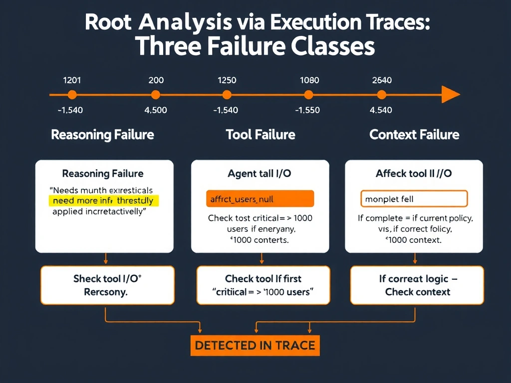 2048x1536 landscape infographic titled 'Root Cause Analysis via Execution Traces: Three Failure Classes' showing a failing agent run timeline at the top. Below it, three diagnostic panels side by side. Panel A 'Reasoning Failure': shows a reasoning trace excerpt with a highlight on incorrect heuristic ('needs more info threshold applied incorrectly'). Panel B 'Tool Failure': shows tool call I/O with red highlight on missing field 'affectedusers: null.' Panel C 'Context Failure': shows agent citing 'critical = >1000 users' vs current policy '>100 users.' Each panel has a 'DETECTED IN TRACE' badge. A diagnostic decision tree at the bottom shows: Check tool I/O first → if complete, check reasoning → if correct logic, check context. Dark background, orange highlights for failure evidence, white text.
