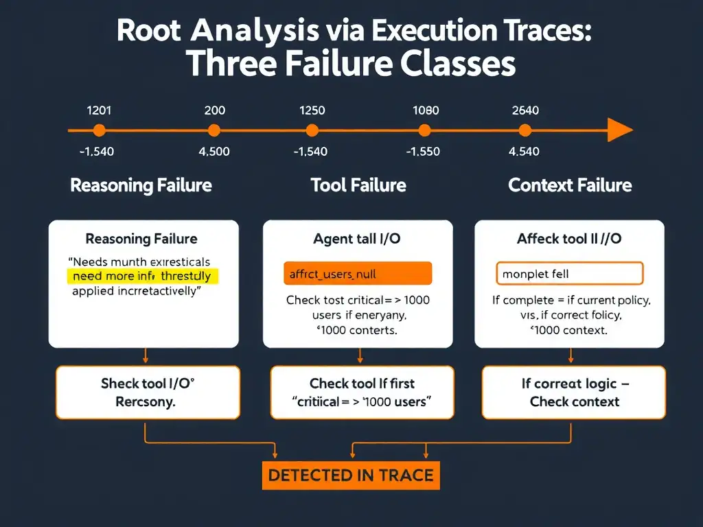 2048x1536 landscape infographic titled 'Root Cause Analysis via Execution Traces: Three Failure Classes' showing a failing agent run timeline at the top. Below it, three diagnostic panels side by side. Panel A 'Reasoning Failure': shows a reasoning trace excerpt with a highlight on incorrect heuristic ('needs more info threshold applied incorrectly'). Panel B 'Tool Failure': shows tool call I/O with red highlight on missing field 'affectedusers: null.' Panel C 'Context Failure': shows agent citing 'critical = >1000 users' vs current policy '>100 users.' Each panel has a 'DETECTED IN TRACE' badge. A diagnostic decision tree at the bottom shows: Check tool I/O first → if complete, check reasoning → if correct logic, check context. Dark background, orange highlights for failure evidence, white text.