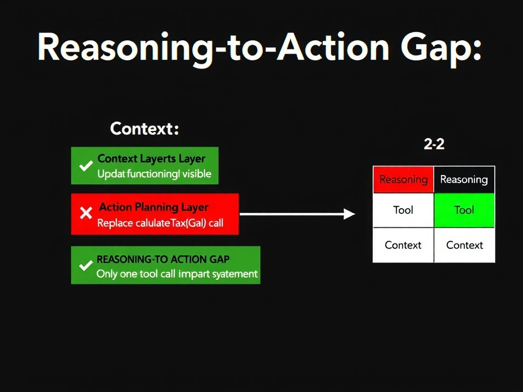 2048x1536 landscape infographic titled 'Reasoning-to-Action Gap: Error Classification in Agentic Systems' showing a four-layer pipeline diagram: Context Layer → Reasoning Layer → Action Planning Layer → Tool Call Layer. Green checkmarks on Context (file with imports visible) and Reasoning (text showing 'Update function call AND import statement'). Red X on Action Planning (only one tool call listed: 'Replace calculateTax() call') and Tool Call Layer (only one tool call executed). A gap arrow labeled 'REASONING-TO-ACTION GAP' spans between Reasoning and Action Planning. On the right, a 2x2 matrix shows the four error classes: Reasoning / Tool / Context / Reasoning-to-Action Gap, with the last cell highlighted. Dark background, red for the gap, green for correct layers, white text.