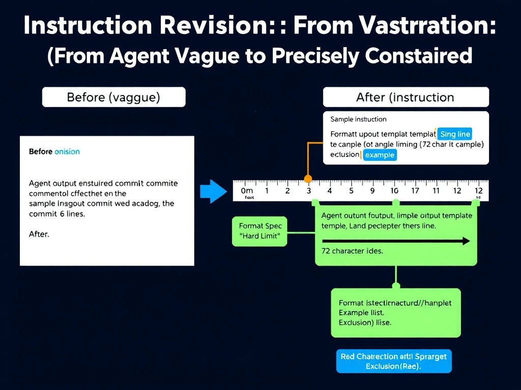 2048x1536 landscape infographic titled 'Instruction Revision: From Vague to Precisely Constrained' showing a before/after comparison. Left side 'Before (Vague)': shows the original instruction in a prompt box, below it a sample agent output commit message spanning 6 lines with implementation details highlighted in red. Right side 'After (Precise)': shows the revised instruction with four numbered constraints (format template, 72-char limit, example, exclusion list), below it a sample output showing a single-line commit message in green under the 72-character ruler. A measurement ruler graphic shows the character count. Center section shows anatomy of the revised instruction with color-coded annotations: Format Spec (blue), Hard Limit (orange), Example (green), Exclusions (red). Dark background, white text.