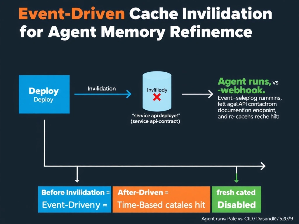 2048x1536 landscape infographic titled 'Event-Driven Cache Invalidation for Agent Memory Refinement' showing a CI/CD deployment pipeline on the left triggering a webhook event 'service-api-deployed.' The webhook hits a cache invalidation handler that sends a DELETE command to the agent's memory store cache (shown as a cylinder). The cache entry for 'service:payments:api-contract' is crossed out in red. On the right, the agent's next API call results in a cache miss, fetches fresh documentation, and re-caches with a TTL. A comparison timeline shows: Time-based approach (7-day window of staleness after deployment) vs Event-driven approach (immediate invalidation on deployment). Dark navy background, blue for CI/CD pipeline, red for invalidation, green for fresh cache entry, white text.