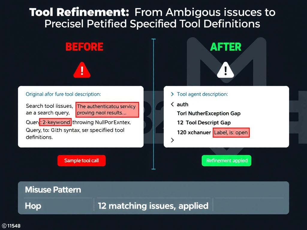 2048x1536 landscape infographic titled 'Tool Definition Refinement: Closing the Misuse Gap' showing a before/after comparison. Left side 'Before — Ambiguous': original tool description in a prompt box with a sample agent call showing a 15-word natural language query. Red error icon shows poor search results. Right side 'After — Precisely Constrained': refined description with four annotated constraints (format spec, keyword count, GitHub syntax example, character limit, explicit exclusion). Sample agent call shows 'NullPointerException payments label:bug is:open' — 5 tokens. Green icon shows relevant results. Center shows the misuse frequency: 500/500 runs before refinement, 12/500 after. Dark background, red for before, green for after, orange for constraint annotations.