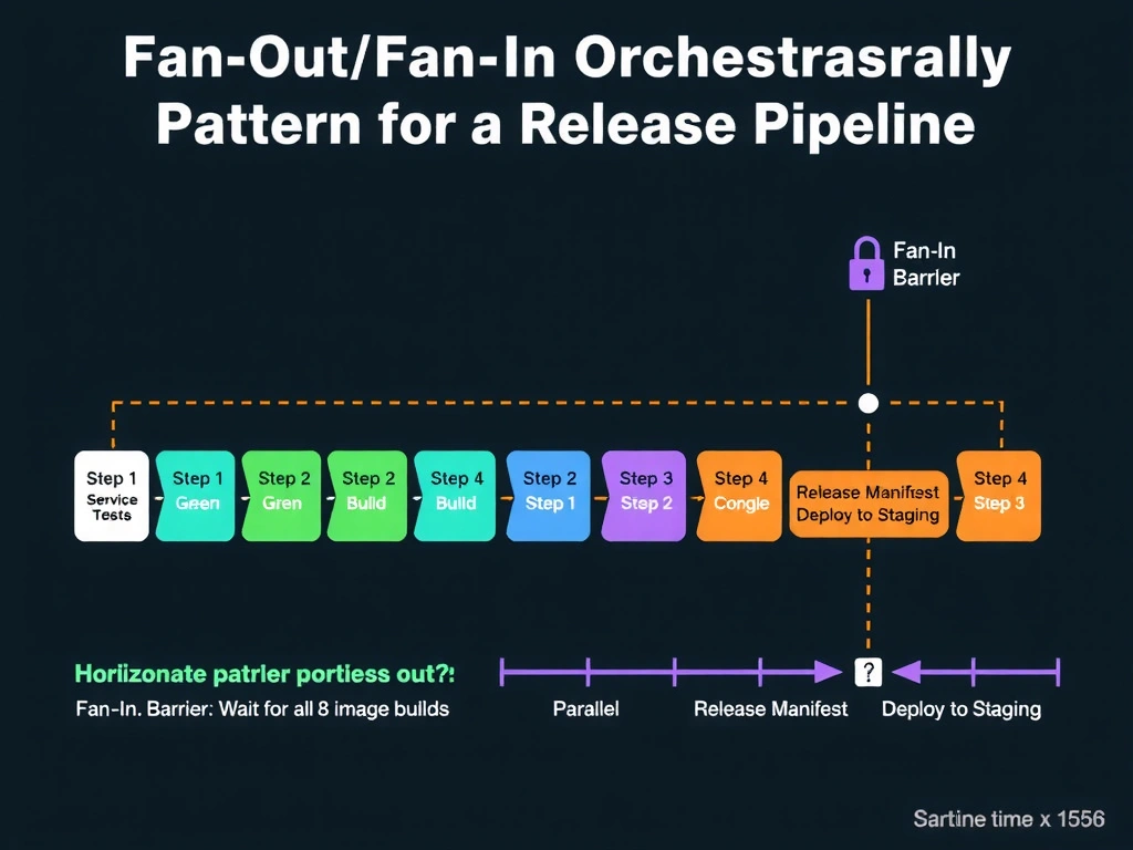 2048x1536 landscape infographic titled 'Fan-Out/Fan-In Orchestration: Release Pipeline Pattern' showing a horizontal pipeline. Left: an Orchestrator box fans out to 8 parallel vertical swim lanes (Service 1-8). Each lane shows Step 1 (Unit Tests, green circle) and Step 2 (Image Build, blue circle). All 8 lanes converge at a vertical dashed line labeled 'Barrier Synchronization: Wait for all 8 builds.' After the barrier, a single path shows Step 3 (Release Manifest, purple) and Step 4 (Deploy to Staging, orange). A timing diagram at the bottom compares sequential (8x longer) vs fan-out/fan-in (optimal). Dark background, color-coded steps, barrier shown as a sync-lock icon, white text.