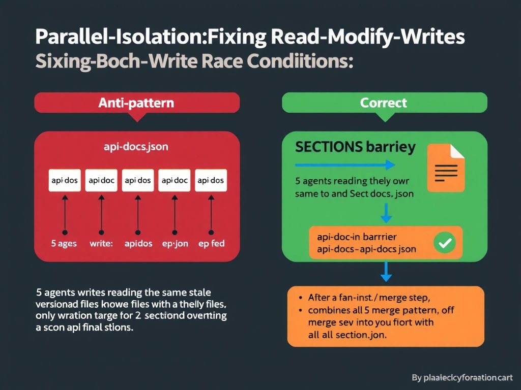 2048x1536 landscape infographic titled 'Parallel Isolation: Fixing Read-Modify-Write Race Conditions' showing two panels. Left panel (anti-pattern): 5 agent boxes all pointing write arrows to a single 'api-docs.json' file. A race condition timeline shows agents reading the same stale version and overwriting each other. The final file shows only 2 sections with red 'SECTIONS MISSING' alert. Right panel (correct): 5 agents each write to their own isolated files (api-docs-ep-1.json through api-docs-ep-5.json). After a fan-in barrier, a merge step combines all 5 into the final api-docs.json with all 5 sections. Green checkmark on final file. Dark background, red for anti-pattern, green for isolated pattern, orange for barrier/merge step.