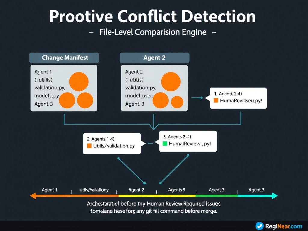 2048x1536 landscape infographic titled 'Proactive Conflict Detection: File-Level Change Manifest Comparison' showing three agent boxes at the top, each with a 'Change Manifest' list. Agent 1: [utils/validation.py]. Agent 2: [utils/validation.py, models/user.py]. Agent 3: [models/user.py]. Below, an orchestrator 'Manifest Comparison Engine' overlays the three lists, highlighting overlaps with orange circles: utils/validation.py (Agents 1+2) and models/user.py (Agents 2+3). Two alert boxes flag these files for 'Human Review Required' before merge. A sequential timeline at the bottom shows the proactive check happening before any git merge command is issued. Dark background, color-coded agent lanes, orange for conflict flags, green for non-conflicting files.