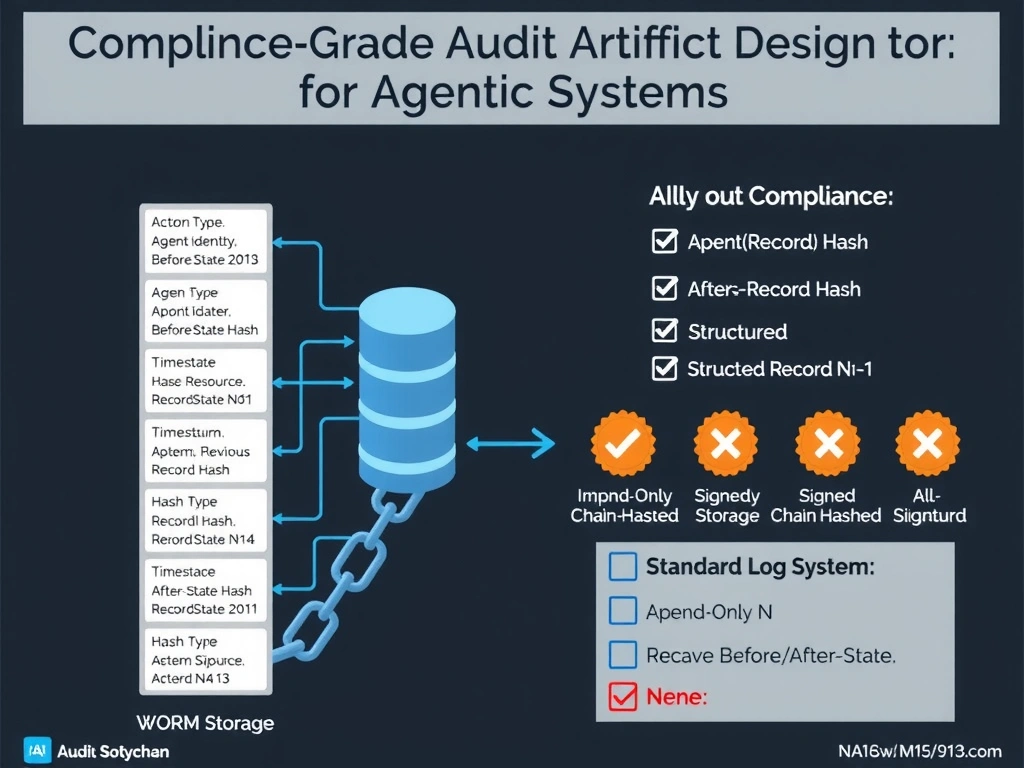 2048x1536 landscape infographic titled 'Compliance-Grade Audit Artifact Design for Agentic Systems' showing a vertical chain of audit record blocks (like a blockchain). Each block shows: Action Type, Agent Identity, Human Authorizer, Target Resource, Timestamp, Before-State Hash, After-State Hash, Previous Record Hash, Record Signature. Arrows show the chain linking: Hash(Record N) is included in Record N+1. A 'WORM Storage' cylinder icon shows immutable storage. On the right, a compliance checklist shows all five properties checked: Append-Only, Signed, Chain-Hashed, Structured, Before/After State. On the left, a 'Standard Log System' with a red X shows none of these properties. Dark financial-services aesthetic, blue chain links, orange compliance badges.