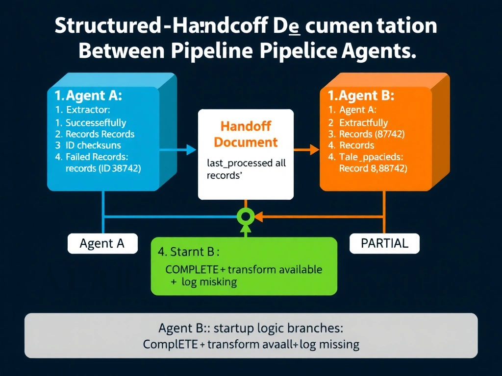 2048x1536 landscape infographic titled 'Structured Handoff Documentation Between Pipeline Agents' showing two agent boxes (Agent A: Extractor, Agent B: Transformer) connected by a 'Handoff Document' artifact in the center. The handoff document is shown with four labeled sections: 1. Successfully Extracted Records (list with IDs and checksums), 2. Failed Records (explicit list with error codes), 3. Cursor Position (lastprocessed: record8742), 4. Status (PARTIAL). Agent B's startup logic branches: COMPLETE → transform all records, PARTIAL → transform available + log missing. On the left, Agent A shows a partial failure icon at record 8,742. On the right, Agent B resumes from record 8,743. Dark background, blue for Agent A, green for Agent B, orange for the handoff document, white text.