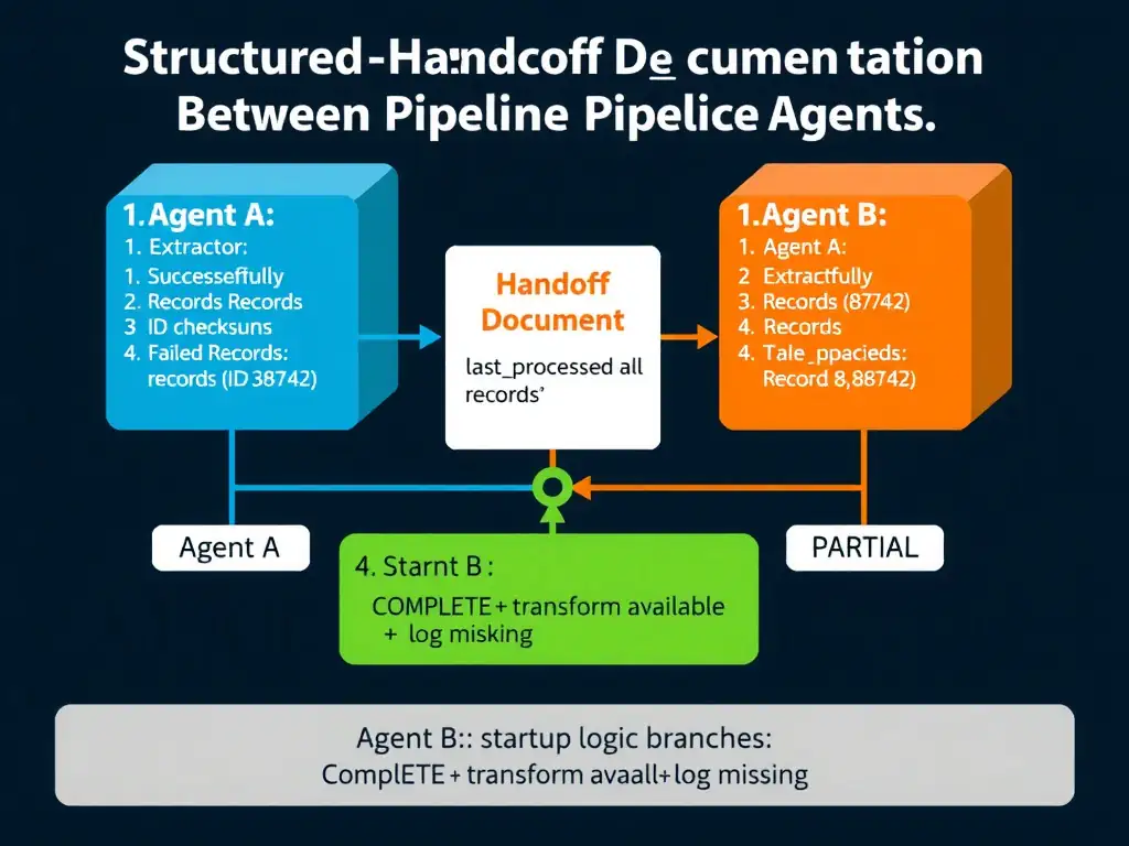 2048x1536 landscape infographic titled 'Structured Handoff Documentation Between Pipeline Agents' showing two agent boxes (Agent A: Extractor, Agent B: Transformer) connected by a 'Handoff Document' artifact in the center. The handoff document is shown with four labeled sections: 1. Successfully Extracted Records (list with IDs and checksums), 2. Failed Records (explicit list with error codes), 3. Cursor Position (lastprocessed: record8742), 4. Status (PARTIAL). Agent B's startup logic branches: COMPLETE → transform all records, PARTIAL → transform available + log missing. On the left, Agent A shows a partial failure icon at record 8,742. On the right, Agent B resumes from record 8,743. Dark background, blue for Agent A, green for Agent B, orange for the handoff document, white text.