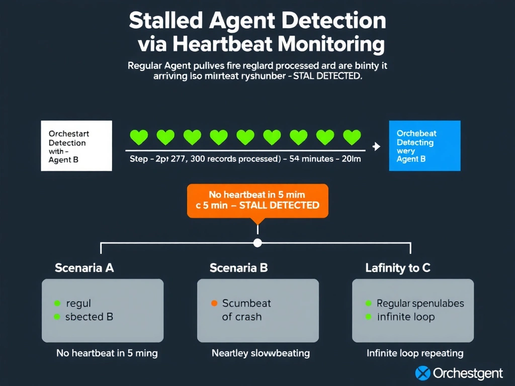 2048x1536 landscape infographic titled 'Stalled Agent Detection via Heartbeat Monitoring' showing an orchestrator box on the left and an Agent B box on the right connected by a timeline. The timeline shows regular green heartbeat pulses every 2 minutes labeled 'Step 2/7 — 150 records processed' and 'Step 3/7 — 300 records processed.' Then a gap appears where no heartbeat arrives for 5+ minutes. An orange alert fires from the orchestrator: 'No heartbeat in 5 min — STALL DETECTED.' Below the timeline, three scenarios are shown with heartbeat patterns: Scenario A (slow but working) = regular heartbeats with advancing step numbers; Scenario B (crash) = sudden silence; Scenario C (infinite loop) = regular heartbeats but same step number repeating. Dark background, green for healthy heartbeats, orange for stall alert, white text.