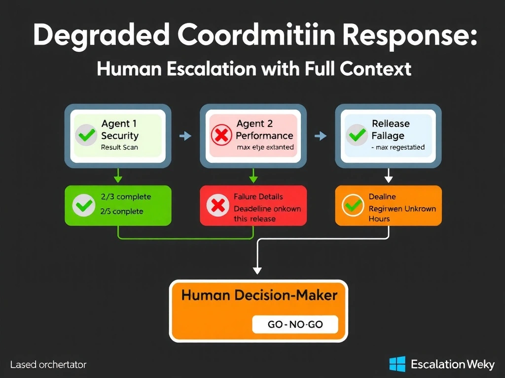 2048x1536 landscape infographic titled 'Degraded Coordination Response: Human Escalation with Full Context' showing an orchestrator hub with three agent lanes. Agent 1 (Security Scan) shows green checkmark: PASSED. Agent 2 (Performance Benchmark) shows red X: FAILED — max retries exhausted. Agent 3 (Release Notes) shows green checkmark: COMPLETE. Below, the orchestrator generates an 'Escalation Package' showing four sections: Results Summary (2/3 complete), Failure Details (Agent 2 error log), Deadline Context (release in 3 hours), and Risk Assessment (performance regression unknown for this release). The escalation package routes to a 'Human Decision-Maker' box showing GO / NO-GO options. Dark background, green for passing agents, red for failed agent, orange for escalation package, white text.