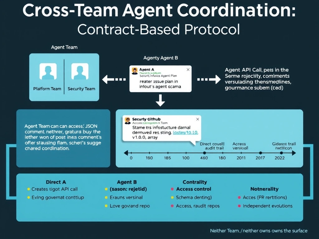 2048x1536 landscape infographic titled 'Cross-Team Agent Coordination: Contract-Based Protocol'. Top shows two team boxes: Platform Team (owns Agent A) and Security Team (owns Agent B). Neither team can access the other's agent internals. Center shows GitHub as neutral coordination surface: Agent A creates Issue with infrastructure plan in JSON schema (schema snippet shown). Agent B reads Issue, evaluates, posts structured comment: {status: approved/rejected, reason: string, conditions: array}. Schema versioned in shared governance repo (v1.0.0, v1.1.0 timeline). Bottom panel contrasts: Direct API Call (tight coupling, API stability dependency) vs Schema + GitHub (loose coupling, independent evolution). Coordination benefits: Visibility (PR audit trail), Access control (GitHub permissions), Notification (team mentions), Neutrality (neither team owns the surface).