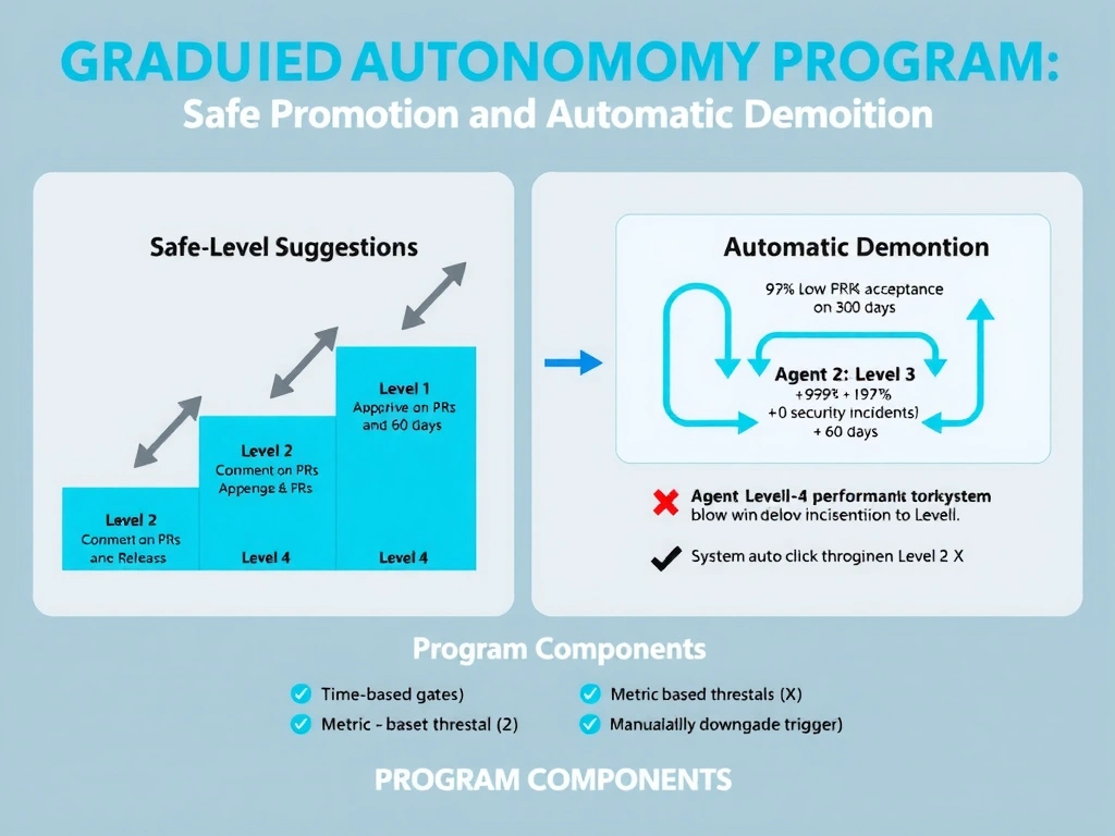 2048x1536 landscape infographic titled 'Graduated Autonomy Program: Safe Promotion and Automatic Demotion'. Left side shows four autonomy levels as ascending steps: Level 1 (Read-Only Suggestions), Level 2 (Comment on PRs), Level 3 (Approve Low-Risk PRs), Level 4 (Auto-Merge + Release). Each step has a promotion gate showing specific metrics: e.g., Level 2→3 requires '97% PR acceptance + 0 security incidents in 60 days.' Right side shows two-way arrows between levels: up arrow = meets promotion criteria, down arrow = falls below minimum floor. Automatic demotion diagram: agent at Level 3 → performance drops below 85% acceptance → system auto-reverts to Level 2 without human decision required. Bottom: 'Program Components' checklist: Time-based gates (X), Metric-based thresholds (✓), Manual-only demotion (X), Automatic downgrade trigger (✓).