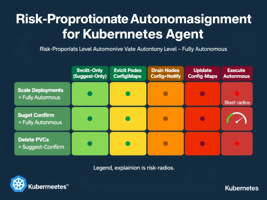 2048x1536 landscape infographic titled 'Risk-Proportionate Autonomy Level Assignment for Kubernetes Agent' showing five horizontal rows for each action type, with four autonomy level columns (Suggest-Only, Suggest+Confirm, Execute+Notify, Fully Autonomous). Each row has a dot in the assigned column. Scale Deployments → Fully Autonomous (green). Evict Pods → Fully Autonomous (green). Update ConfigMaps → Fully Autonomous (green). Drain Nodes → Execute+Notify (orange). Delete PVCs → Suggest+Confirm (red). Risk factors shown for each row: reversibility icon and blast radius meter. A legend explains the four autonomy levels. Dark background, color-coded autonomy levels, Kubernetes logo aesthetic.