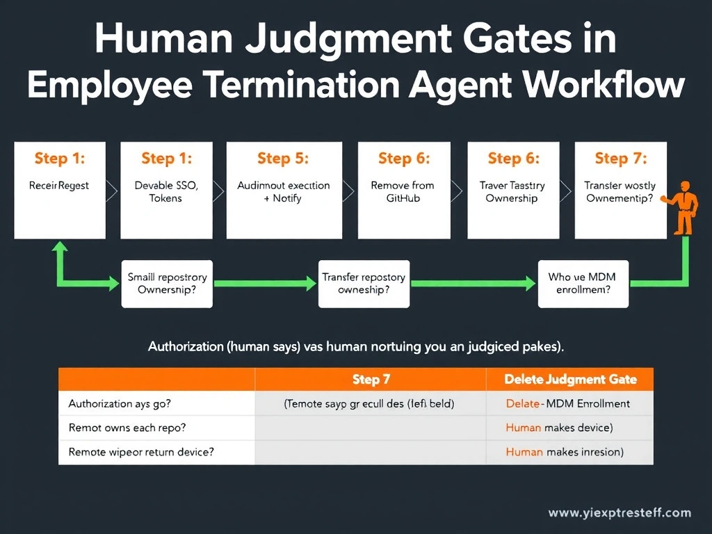 2048x1536 landscape infographic titled 'Human Judgment Gates in Employee Termination Agent Workflow' showing a 7-step workflow as numbered boxes in a horizontal flow. Steps 1-5 (Receive Request, Disable SSO, Revoke Tokens, Archive Email, Remove from GitHub) show green robot icons labeled 'Autonomous Execution + Notify.' Step 6 (Transfer Repository Ownership) shows an orange human judge icon labeled 'Judgment Gate: Who owns each repo?' with a decision form. Step 7 (Delete MDM Enrollment) shows an orange human judge icon labeled 'Judgment Gate: Remote wipe or return device?' Below each judgment gate, the specific decision questions are listed. A comparison table shows: Authorization (human says go) vs Judgment (human makes a decision). Dark background, green for autonomous steps, orange for judgment gates.