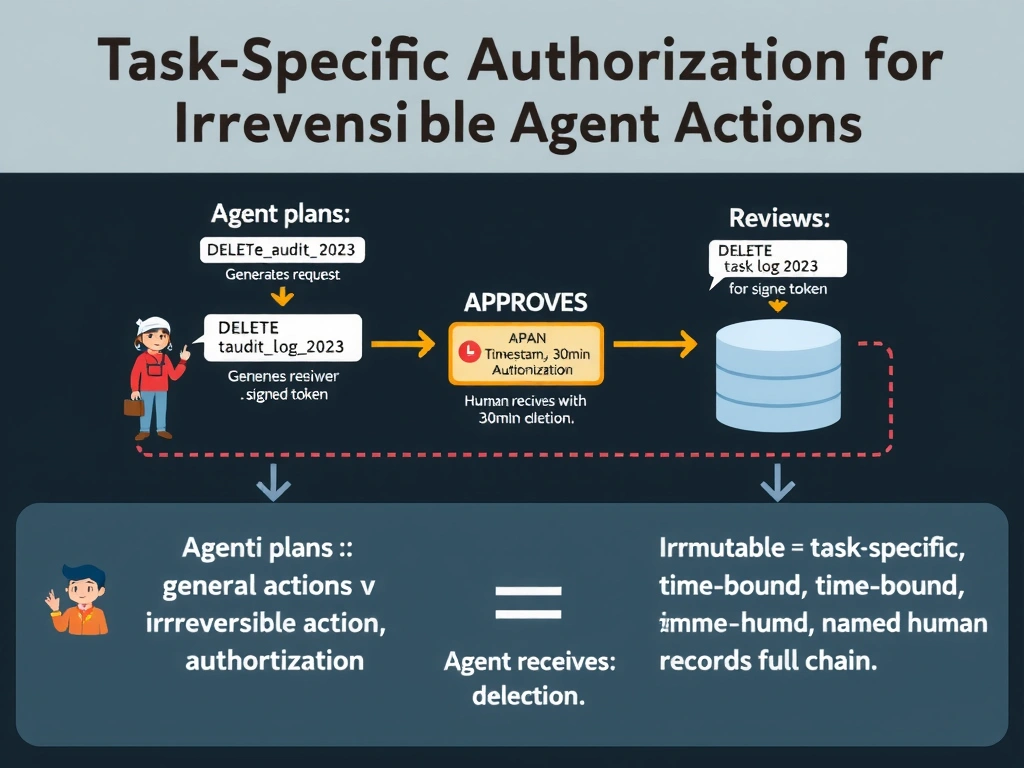 Educational infographic 1024x768 titled 'Task-Specific Authorization for Irreversible Agent Actions'. Flow: Agent plans 'DELETE table auditlog2023' → generates authorization request (shows table name, task ID, impact) → Human reviewer receives request → reviews scope → APPROVES with signed token (includes approver, timestamp, 30min expiration, action scope) → Agent receives valid token → proceeds with deletion → immutable audit log records full chain. Contrast: 'General access ≠ irreversible action authorization'. Bottom: 'Irreversible action = task-specific, time-bound, named-human authorization'. GitHub dark theme, authorization flow diagram.