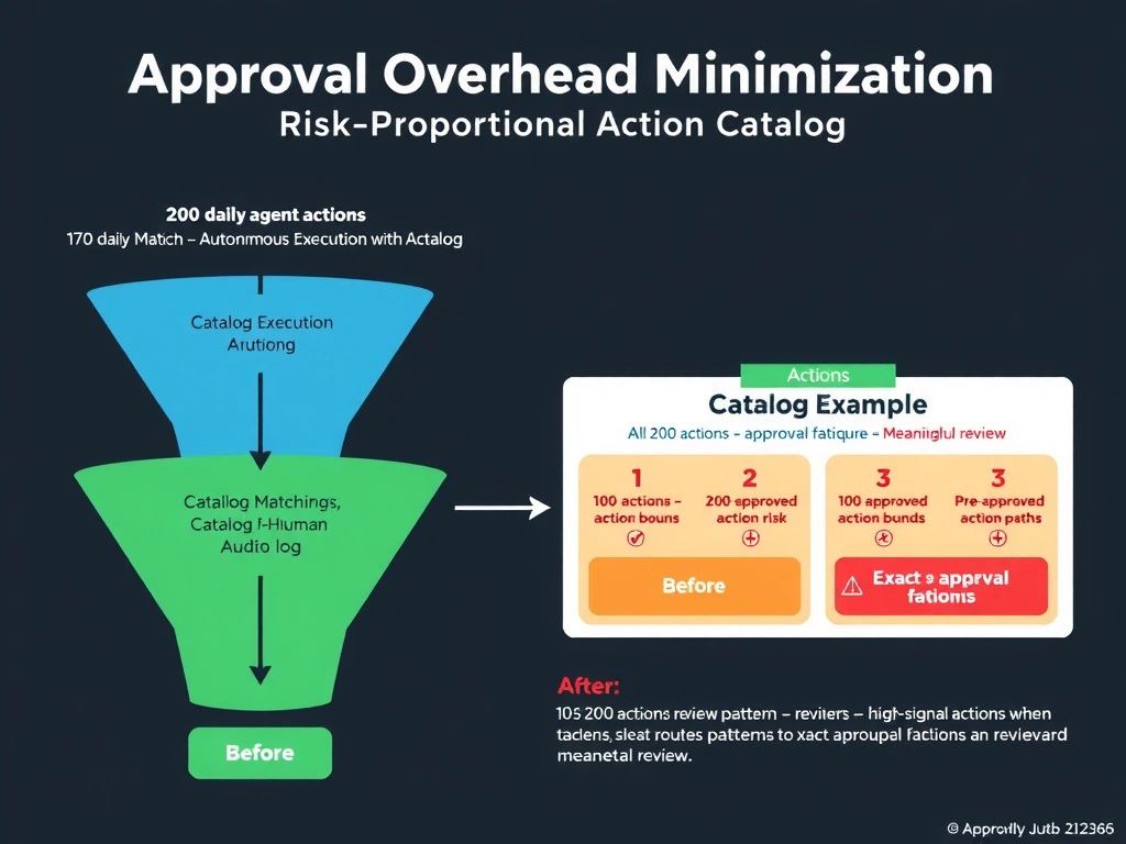 2048x1536 landscape infographic titled 'Approval Overhead Minimization: Risk-Proportionate Action Catalog' showing a funnel diagram. At the top, 200 daily agent actions flow into the funnel. The funnel has a 'Catalog Matching Layer' that divides actions: left path (170 actions) labeled 'Catalog Match — Autonomous Execution' flows directly to execution with audit log. Right path (30 actions) labeled 'Outside Catalog — Human Approval' routes to reviewers. At the bottom, a comparison: Before (all 200 actions to reviewers = approval fatigue, rubber-stamp risk) vs After (30 high-signal actions to reviewers = meaningful review). A 'Catalog Example' panel shows 3 pre-approved action patterns with their exact parameter bounds. Dark background, green for autonomous path, orange for approval path, red for approval fatigue warning.