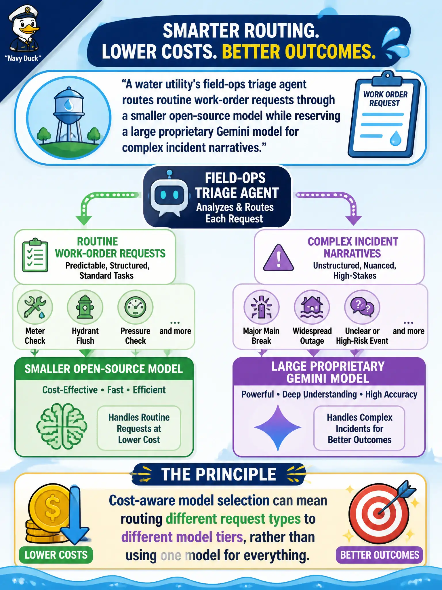 To Create an exciting colorful infographic that explains the concepts in the question: Question: A water utility's field-ops triage agent routes routine work-order requests through a smaller open-source model while reserving a large proprietary Gemini model for complex incident narratives. What principle does this architecture reflect? Correct Answer: That cost-aware model selection can mean routing different request types to different model tiers, rather than using one model for everything. Put EVERY visible label in double quotes. No people. No A/B/C/D letters. In one of the four corners put a little "Navy Duck".