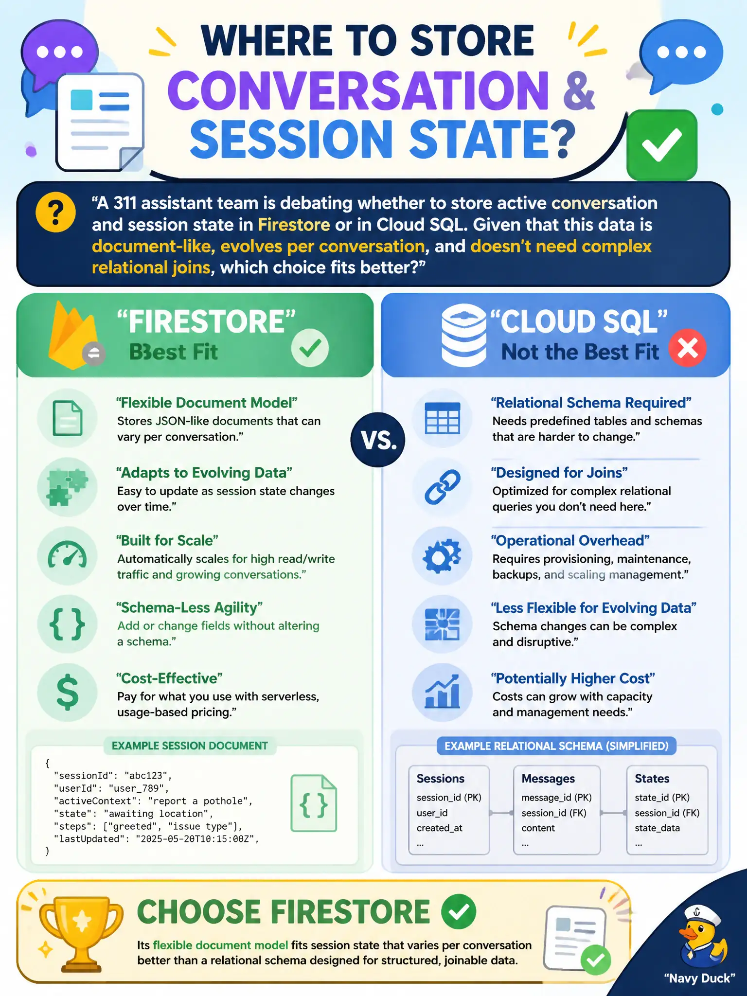 To Create an exciting colorful infographic that explains the concepts in the question: Question: A 311 assistant team is debating whether to store active conversation and session state in Firestore or in Cloud SQL. Given that this data is document-like, evolves per conversation, and doesn't need complex relational joins, which choice fits better? Correct Answer: Firestore, since its flexible document model fits session state that varies per conversation better than a relational schema designed for structured, joinable data. Put EVERY visible label in double quotes. No people. No A/B/C/D letters. In one of the four corners put a little "Navy Duck".