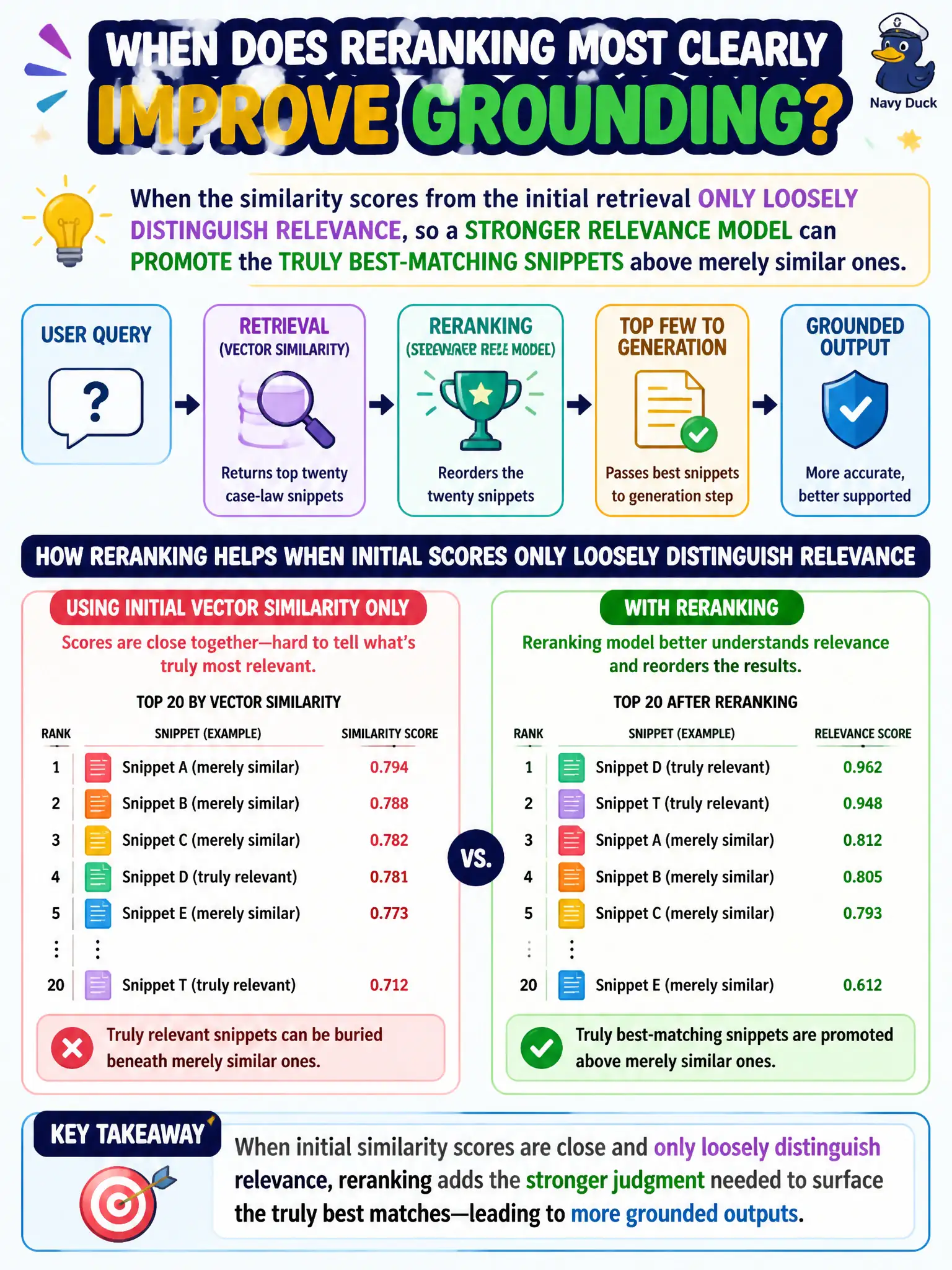 To Create an exciting colorful infographic that explains the concepts in the question: Question: A courts/clerk agent's retrieval step returns the top twenty case-law snippets by vector similarity, then a reranking model reorders those twenty before the top few are passed to the generation step. When does adding this reranking stage most clearly improve grounding compared to using the initial vector similarity ranking alone? Correct Answer: When the similarity scores from the initial retrieval only loosely distinguish relevance, so a stronger relevance model can promote the truly best-matching snippets above merely similar ones. Put EVERY visible label in double quotes. No people. No A/B/C/D letters. In one of the four corners put a little "Navy Duck".