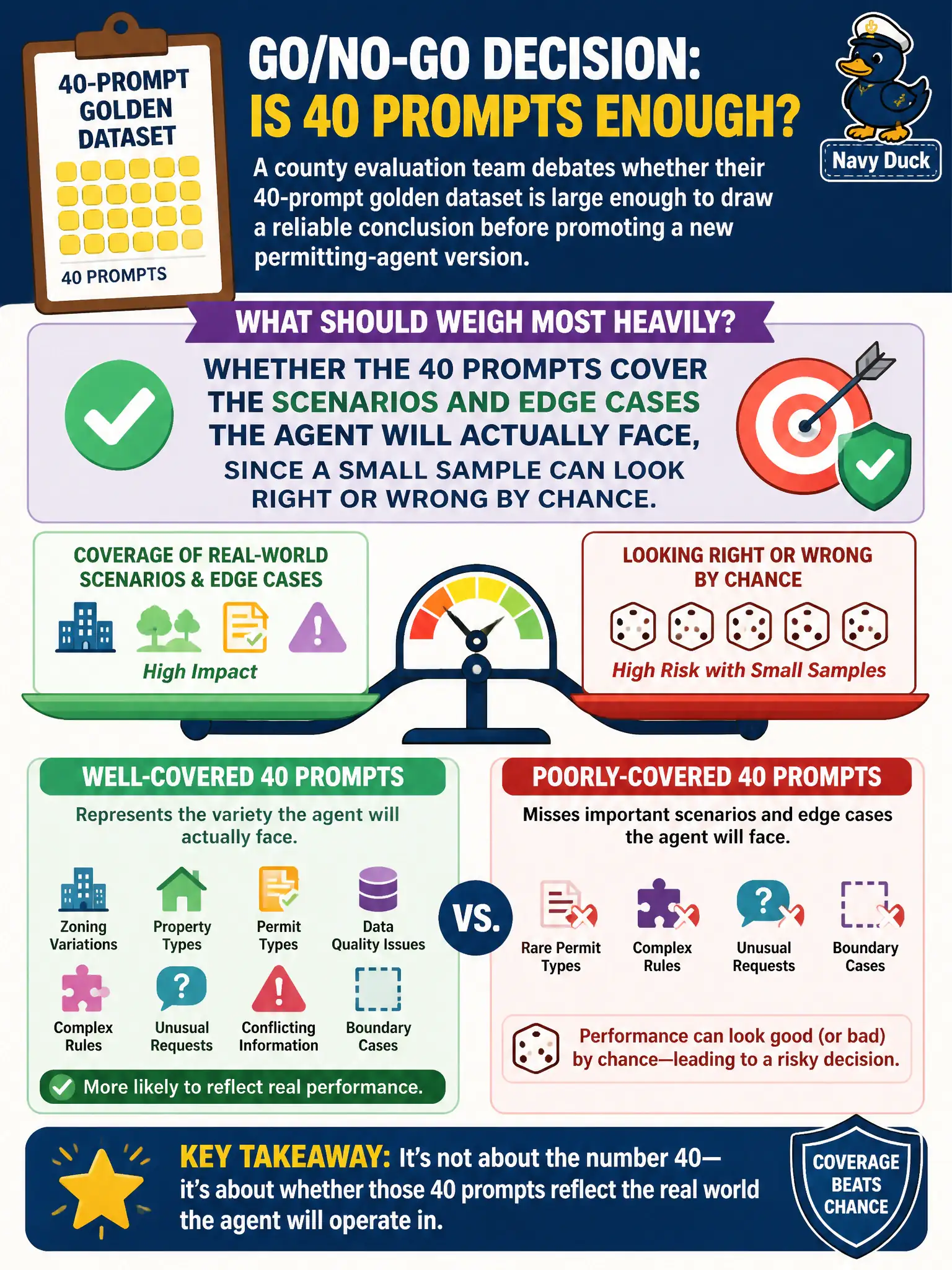 To Create an exciting colorful infographic that explains the concepts in the question: Question: A county evaluation team debates whether their 40-prompt golden dataset is large enough to draw a reliable conclusion before promoting a new permitting-agent version. What consideration should weigh most heavily on whether 40 prompts is enough for this go/no-go decision? Correct Answer: Whether the 40 prompts cover the scenarios and edge cases the agent will actually face, since a small sample can look right or wrong by chance Put EVERY visible label in double quotes. No people. No A/B/C/D letters. In one of the four corners put a little "Navy Duck".