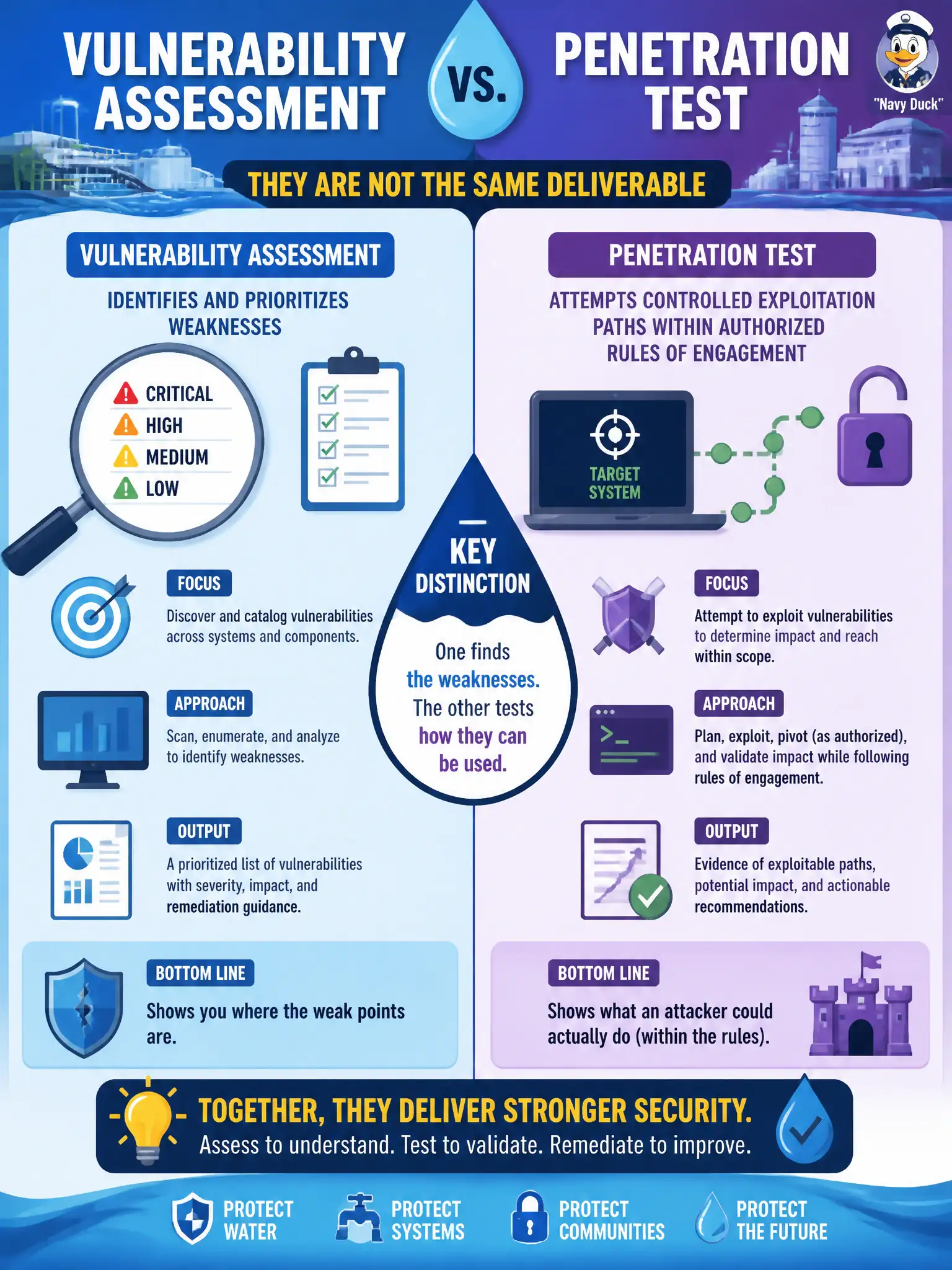 To Create an exciting colorful infographic that explains the concepts in the question: Question: A water-utility board treats a vulnerability assessment and a full penetration test as the same deliverable. What distinction should the tester emphasize? Correct Answer: A vulnerability assessment identifies and prioritizes weaknesses; a penetration test attempts controlled exploitation paths within authorized rules of engagement. Put EVERY visible label in double quotes. No people. No A/B/C/D letters. In one of the four corners put a little "Navy Duck".