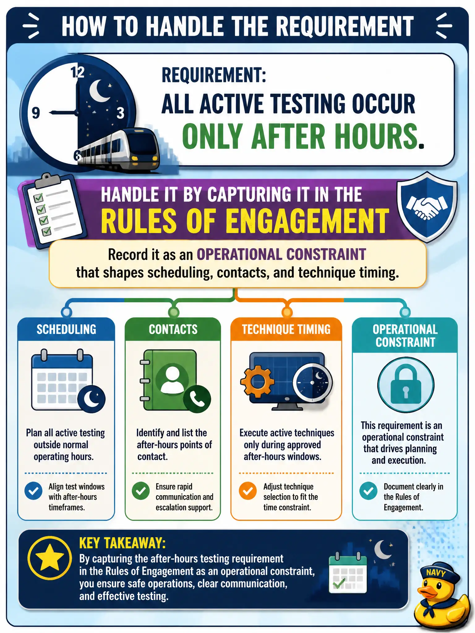 To Create an exciting colorful infographic that explains the concepts in the question: Question: A transit IT lead requires that all active testing occur only after hours. How should that requirement be handled? Correct Answer: Capture it in the rules of engagement as an operational constraint that shapes scheduling, contacts, and technique timing. Put EVERY visible label in double quotes. No people. No A/B/C/D letters. In one of the four corners put a little "Navy Duck".