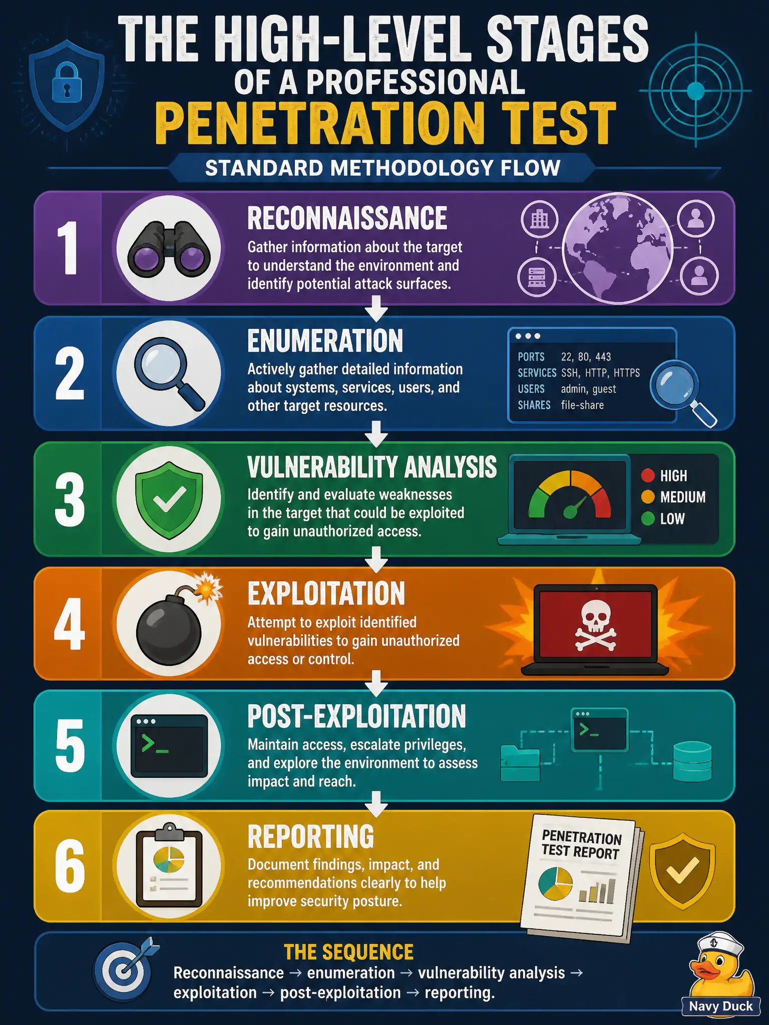 To Create an exciting colorful infographic that explains the concepts in the question: Question: A municipal SOC asks for the high-level stages of a professional penetration test in sound order. Which sequence best reflects standard methodology flow? Correct Answer: Reconnaissance → enumeration → vulnerability analysis → exploitation → post-exploitation → reporting. Put EVERY visible label in double quotes. No people. No A/B/C/D letters. In one of the four corners put a little "Navy Duck".