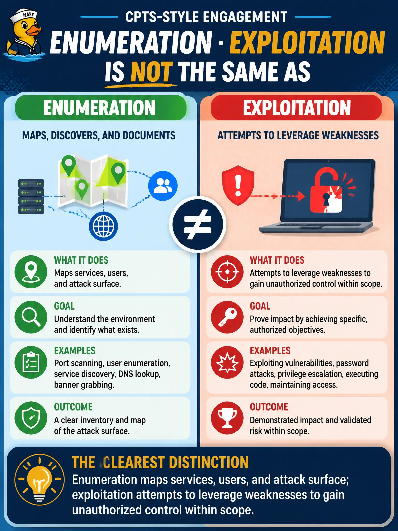 To Create an exciting colorful infographic that explains the concepts in the question: Question: A county assessor asks why enumeration is not the same as exploitation during a CPTS-style engagement. What is the clearest distinction? Correct Answer: Enumeration maps services, users, and attack surface; exploitation attempts to leverage weaknesses to gain unauthorized control within scope. Put EVERY visible label in double quotes. No people. No A/B/C/D letters. In one of the four corners put a little "Navy Duck".