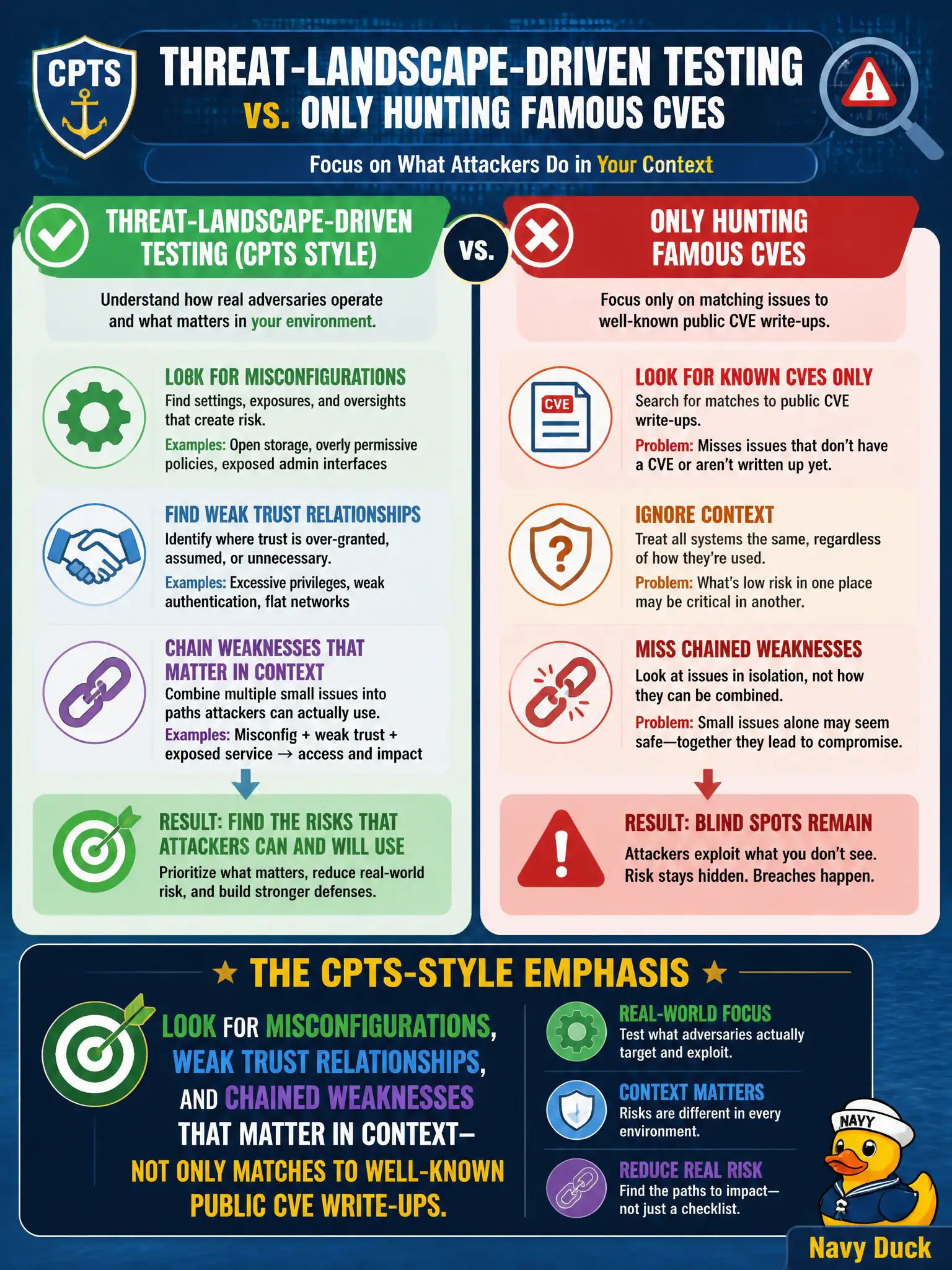 To Create an exciting colorful infographic that explains the concepts in the question: Question: A utility CISO asks what threat-landscape-driven testing means compared with only hunting famous CVEs. Which statement best captures the CPTS-style emphasis? Correct Answer: Look for misconfigurations, weak trust relationships, and chained weaknesses that matter in context — not only matches to well-known public CVE write-ups. Put EVERY visible label in double quotes. No people. No A/B/C/D letters. In one of the four corners put a little "Navy Duck".