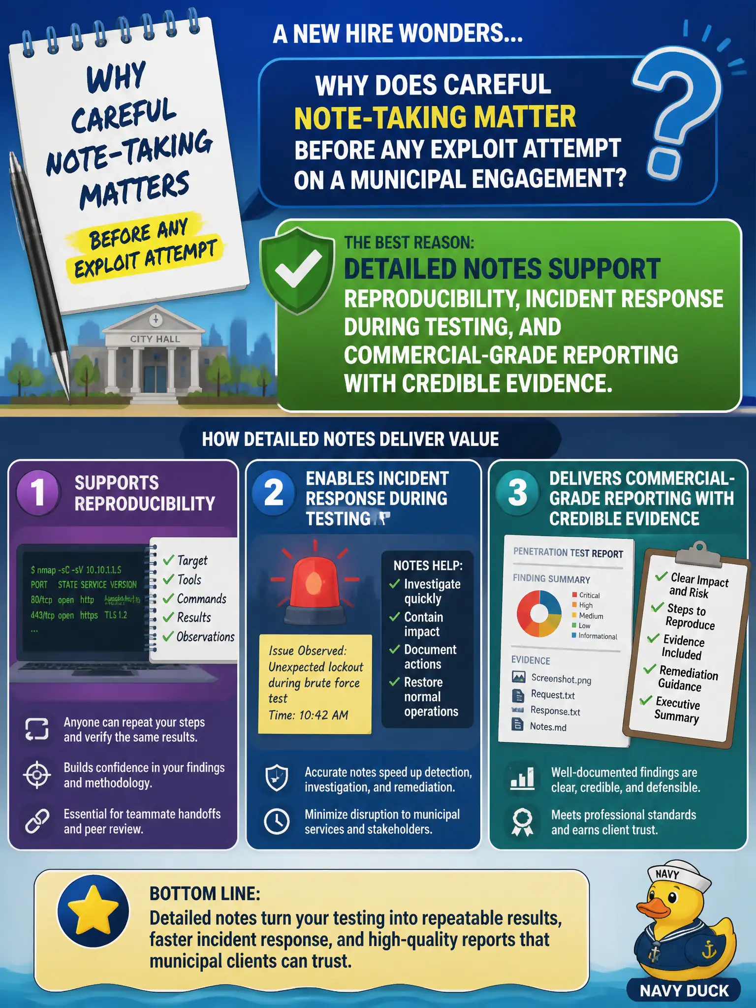 To Create an exciting colorful infographic that explains the concepts in the question: Question: A new hire wonders why careful note-taking matters before any exploit attempt on a municipal engagement. What is the best reason? Correct Answer: Detailed notes support reproducibility, incident response during testing, and commercial-grade reporting with credible evidence. Put EVERY visible label in double quotes. No people. No A/B/C/D letters. In one of the four corners put a little "Navy Duck".
