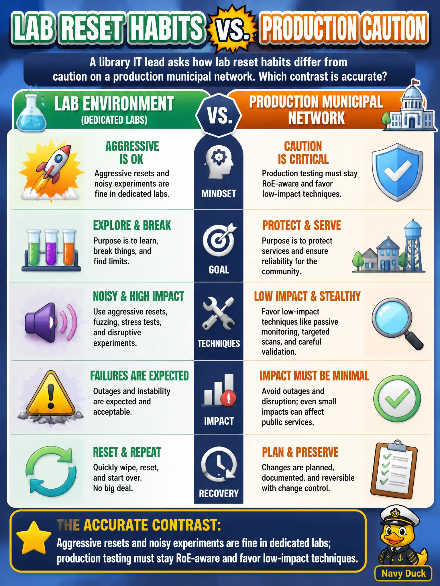 To Create an exciting colorful infographic that explains the concepts in the question: Question: A library IT lead asks how lab reset habits differ from caution on a production municipal network. Which contrast is accurate? Correct Answer: Aggressive resets and noisy experiments are fine in dedicated labs; production testing must stay RoE-aware and favor low-impact techniques. Put EVERY visible label in double quotes. No people. No A/B/C/D letters. In one of the four corners put a little "Navy Duck".