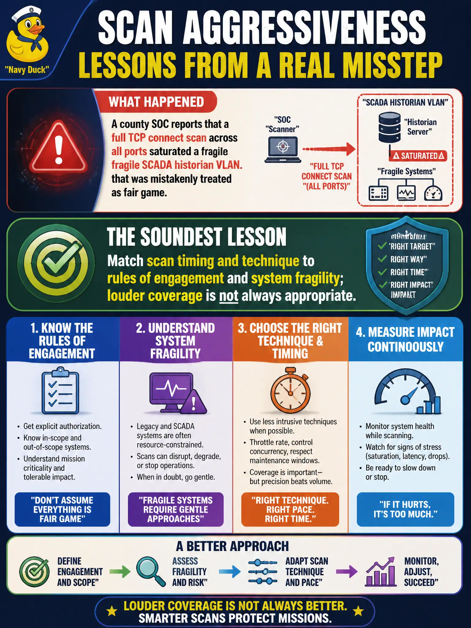 To Create an exciting colorful infographic that explains the concepts in the question: Question: A county SOC reports that a full TCP connect scan across all ports saturated a fragile SCADA historian VLAN that was mistakenly treated as fair game. What is the soundest lesson for scan aggressiveness? Correct Answer: Match scan timing and technique to rules of engagement and system fragility; louder coverage is not always appropriate. Put EVERY visible label in double quotes. No people. No A/B/C/D letters. In one of the four corners put a little "Navy Duck".