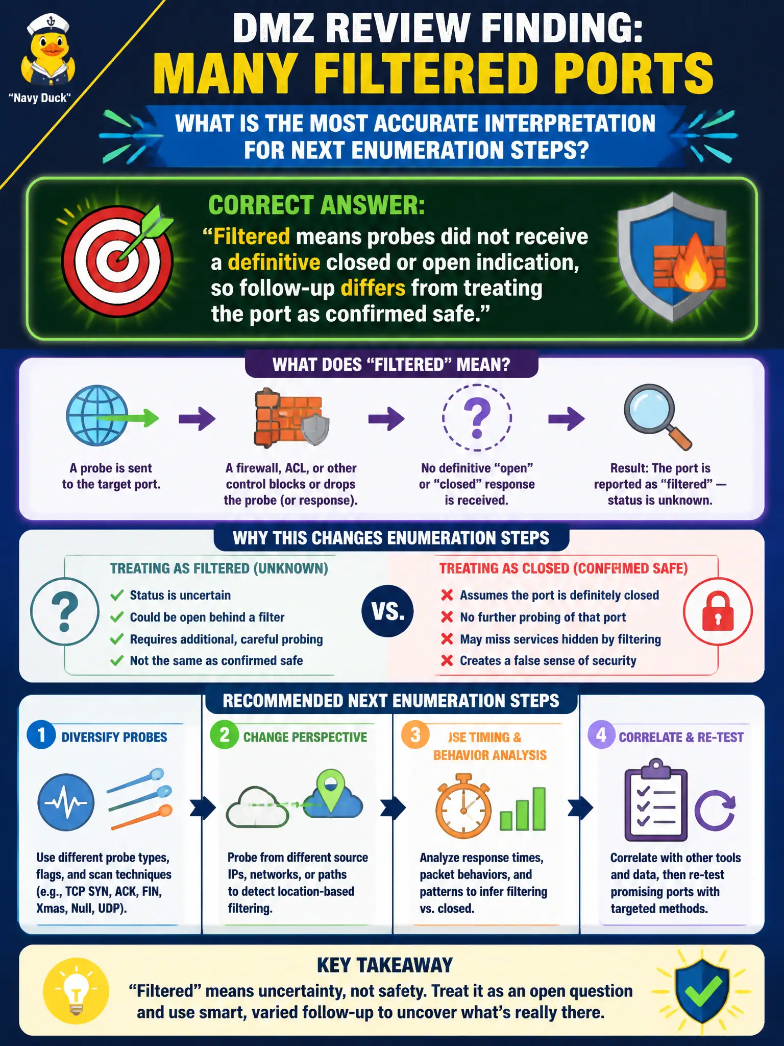 To Create an exciting colorful infographic that explains the concepts in the question: Question: A municipal DMZ review finds many filtered ports. What is the most accurate interpretation for next enumeration steps? Correct Answer: Filtered means probes did not receive a definitive closed or open indication, so follow-up differs from treating the port as confirmed safe. Put EVERY visible label in double quotes. No people. No A/B/C/D letters. In one of the four corners put a little "Navy Duck".