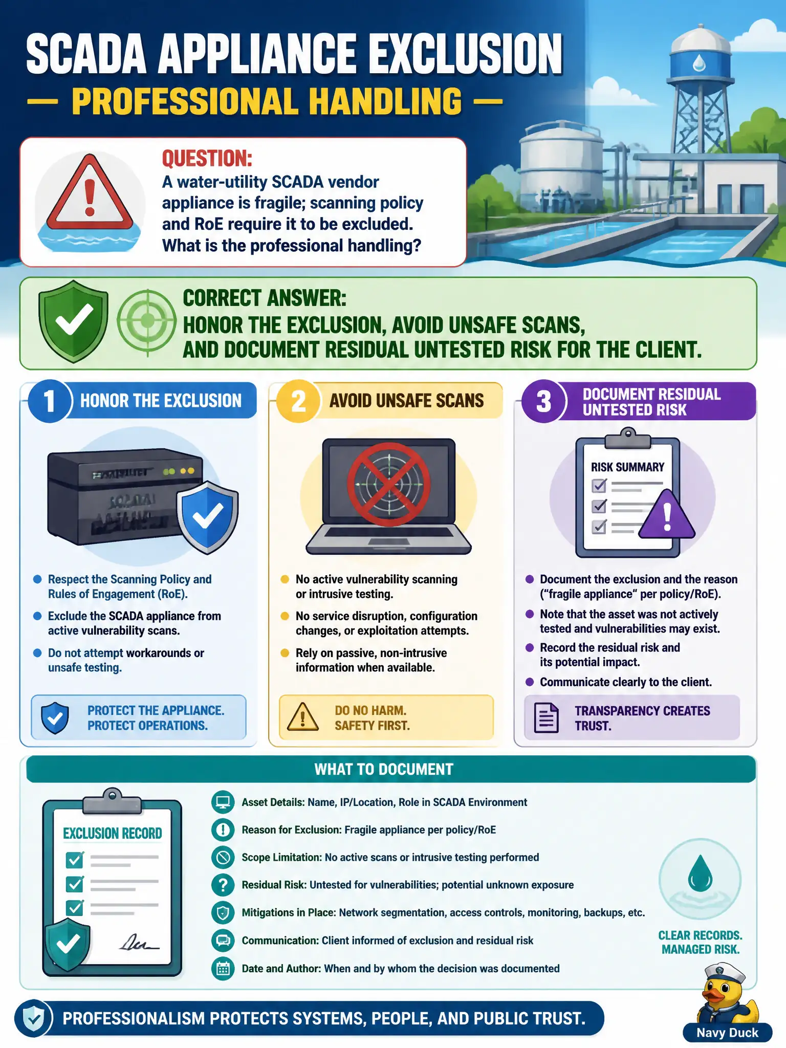 To Create an exciting colorful infographic that explains the concepts in the question: Question: A water-utility SCADA vendor appliance is fragile; scanning policy and RoE require it to be excluded. What is the professional handling? Correct Answer: Honor the exclusion, avoid unsafe scans, and document residual untested risk for the client. Put EVERY visible label in double quotes. No people. No A/B/C/D letters. In one of the four corners put a little "Navy Duck".