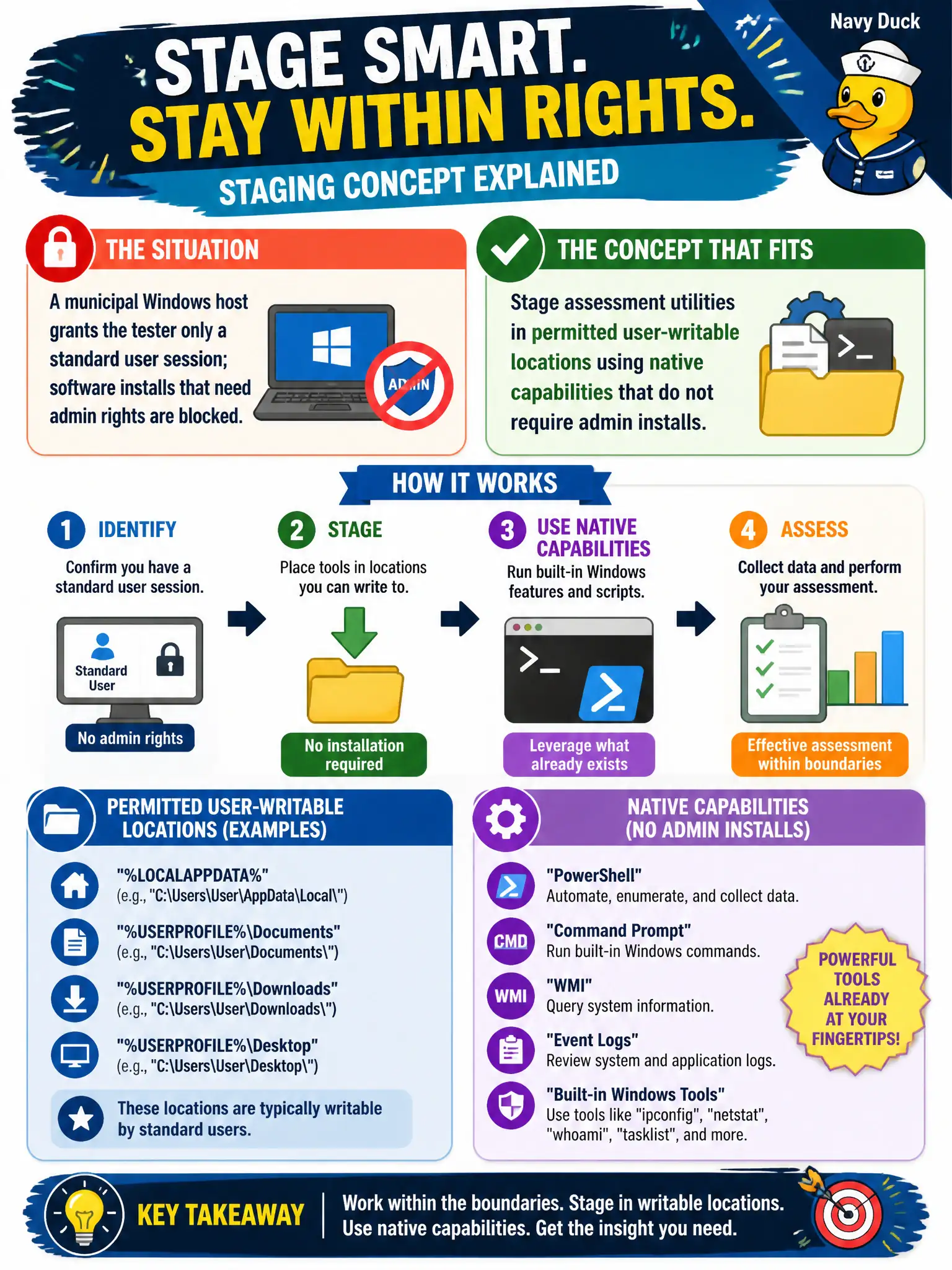 To Create an exciting colorful infographic that explains the concepts in the question: Question: A municipal Windows host grants the tester only a standard user session; software installs that need admin rights are blocked. What staging concept fits? Correct Answer: Stage assessment utilities in permitted user-writable locations using native capabilities that do not require admin installs. Put EVERY visible label in double quotes. No people. No A/B/C/D letters. In one of the four corners put a little "Navy Duck".