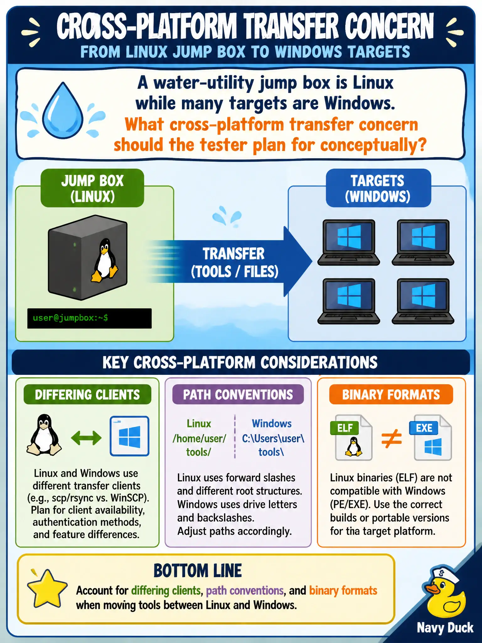 To Create an exciting colorful infographic that explains the concepts in the question: Question: A water-utility jump box is Linux while many targets are Windows. What cross-platform transfer concern should the tester plan for conceptually? Correct Answer: Account for differing clients, path conventions, and binary formats when moving tools between Linux and Windows. Put EVERY visible label in double quotes. No people. No A/B/C/D letters. In one of the four corners put a little "Navy Duck".