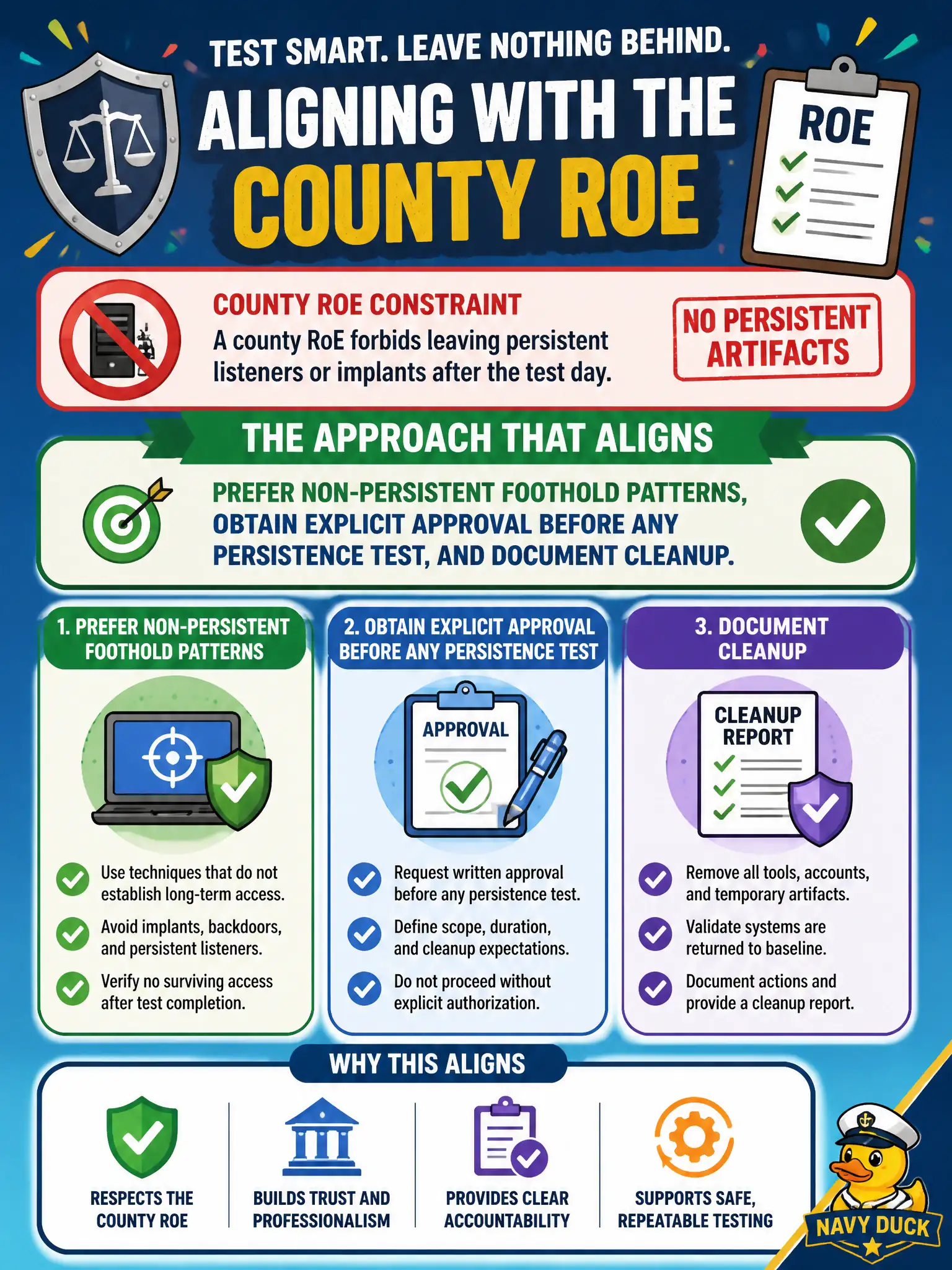 To Create an exciting colorful infographic that explains the concepts in the question: Question: A county RoE forbids leaving persistent listeners or implants after the test day. Which approach aligns with that constraint? Correct Answer: Prefer non-persistent foothold patterns, obtain explicit approval before any persistence test, and document cleanup. Put EVERY visible label in double quotes. No people. No A/B/C/D letters. In one of the four corners put a little "Navy Duck".