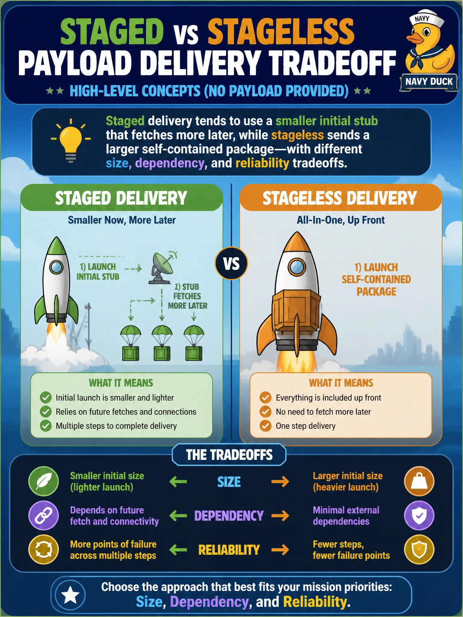 To Create an exciting colorful infographic that explains the concepts in the question: Question: A municipal tester mixes up staged and stageless payload delivery concepts during planning. Which statement captures the tradeoff at a high level—without providing a payload? Correct Answer: Staged delivery tends to use a smaller initial stub that fetches more later, while stageless sends a larger self-contained package—with different size, dependency, and reliability tradeoffs. Put EVERY visible label in double quotes. No people. No A/B/C/D letters. In one of the four corners put a little "Navy Duck".