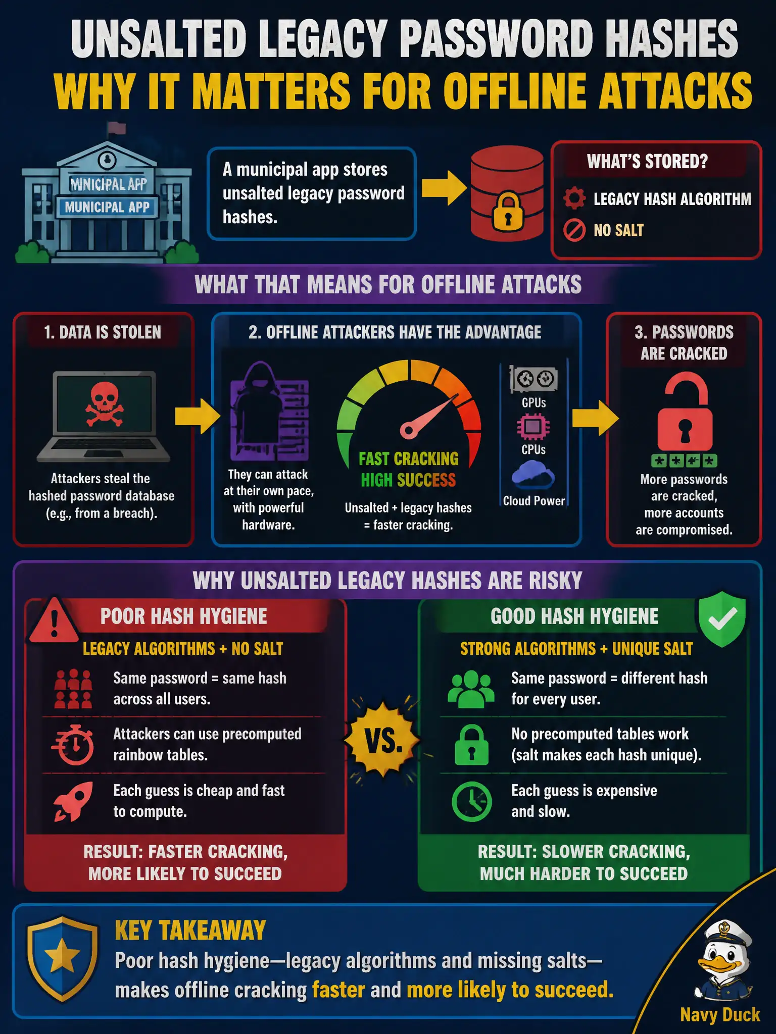 To Create an exciting colorful infographic that explains the concepts in the question: Question: A municipal app stores unsalted legacy password hashes. Why does that matter for offline attacks? Correct Answer: Poor hash hygiene—legacy algorithms and missing salts—makes offline cracking faster and more likely to succeed. Put EVERY visible label in double quotes. No people. No A/B/C/D letters. In one of the four corners put a little "Navy Duck".