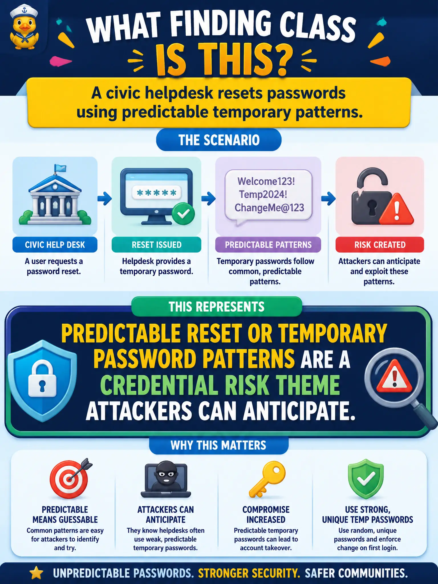 To Create an exciting colorful infographic that explains the concepts in the question: Question: A civic helpdesk resets passwords using predictable temporary patterns. What finding class does this represent? Correct Answer: Predictable reset or temporary password patterns are a credential risk theme attackers can anticipate. Put EVERY visible label in double quotes. No people. No A/B/C/D letters. In one of the four corners put a little "Navy Duck".