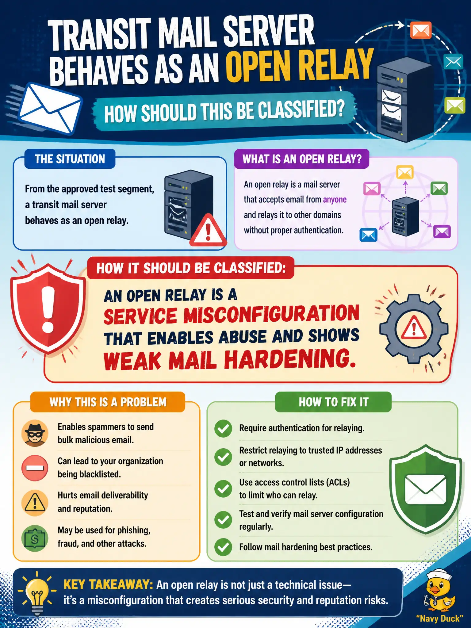 To Create an exciting colorful infographic that explains the concepts in the question: Question: From the approved test segment, a transit mail server behaves as an open relay. How should this be classified? Correct Answer: An open relay is a service misconfiguration that enables abuse and shows weak mail hardening. Put EVERY visible label in double quotes. No people. No A/B/C/D letters. In one of the four corners put a little "Navy Duck".