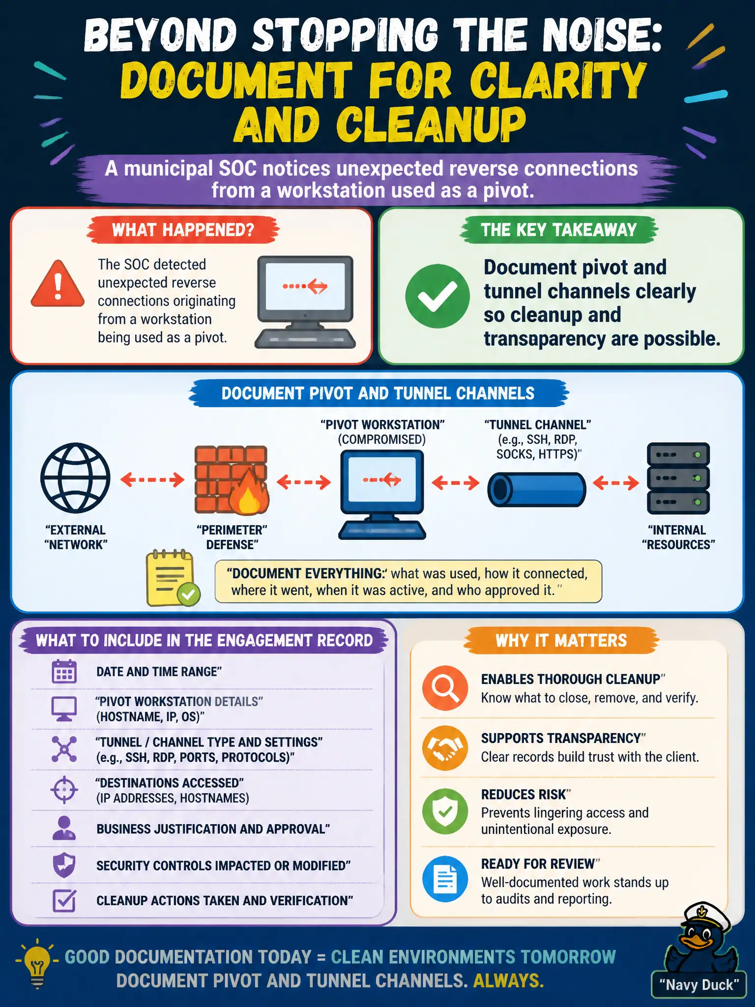 To Create an exciting colorful infographic that explains the concepts in the question: Question: A municipal SOC notices unexpected reverse connections from a workstation used as a pivot. Beyond stopping the noise, what should the tester ensure for the engagement record? Correct Answer: Document pivot and tunnel channels clearly so cleanup and transparency are possible. Put EVERY visible label in double quotes. No people. No A/B/C/D letters. In one of the four corners put a little "Navy Duck".