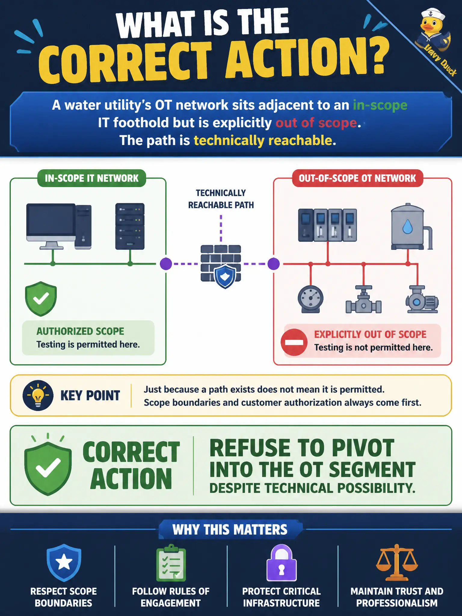 To Create an exciting colorful infographic that explains the concepts in the question: Question: A water utility’s OT network sits adjacent to an in-scope IT foothold but is explicitly out of scope. The path is technically reachable. What is the correct action? Correct Answer: Refuse to pivot into the OT segment despite technical possibility. Put EVERY visible label in double quotes. No people. No A/B/C/D letters. In one of the four corners put a little "Navy Duck".